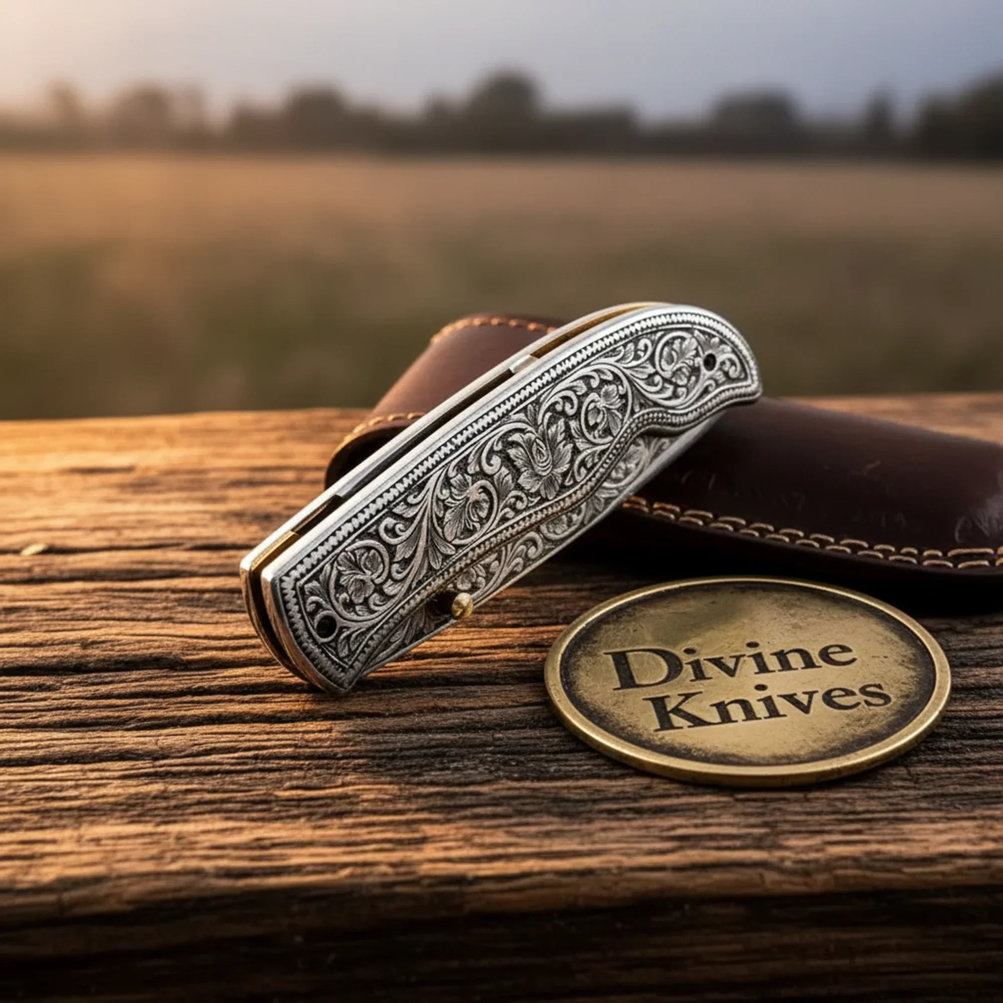 Hand Engraved Folding Knife with Carbon Steel Blade and Silver Handle