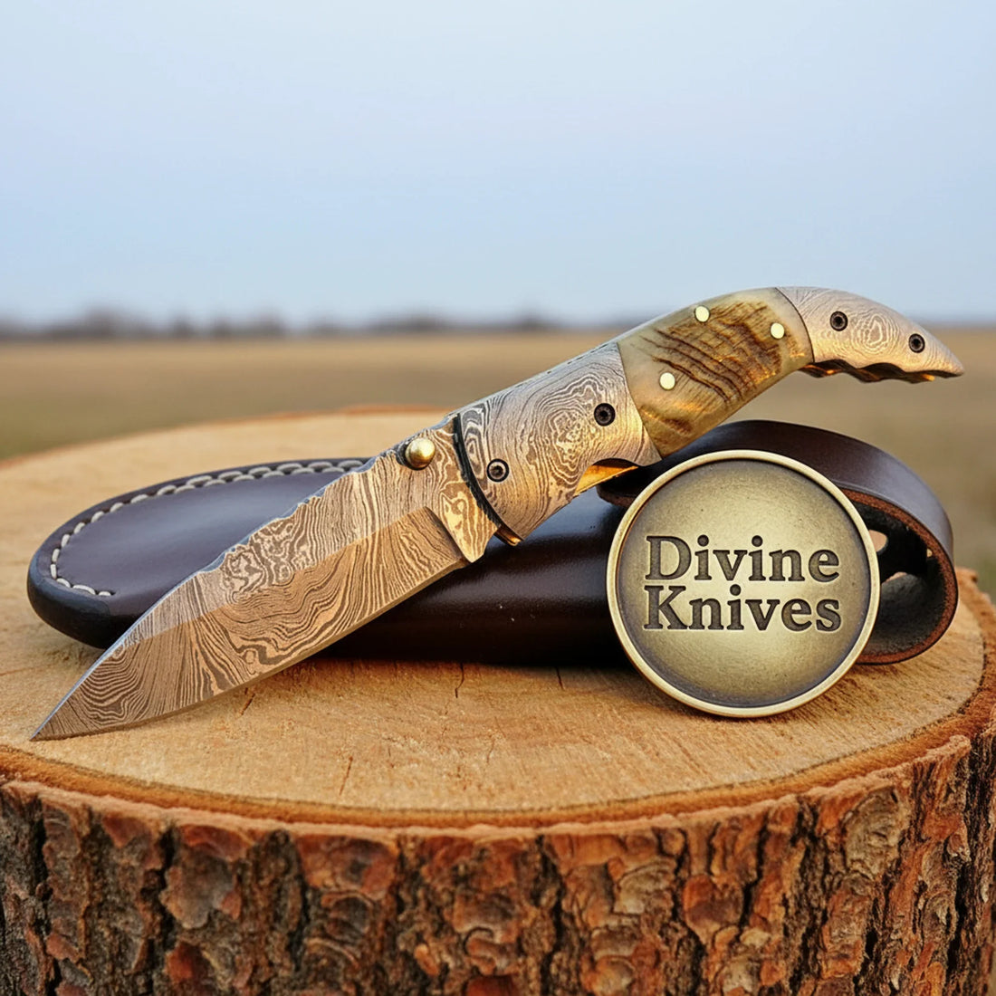 Damascus Hawkbill Knife with Ram Horn Handle and Leather Sheath