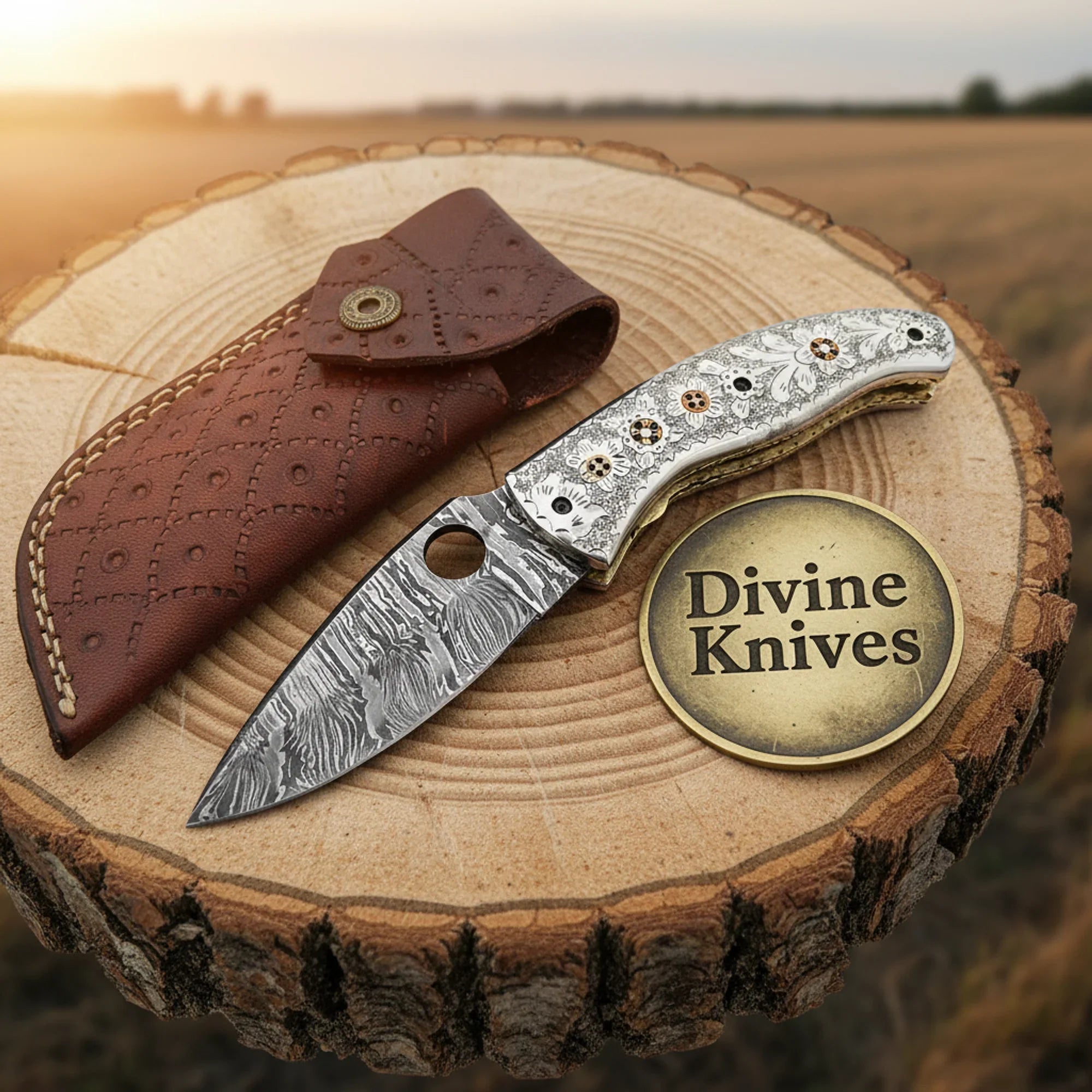 Hand-Engraved Handle Damascus Linear Lock Folding Knife