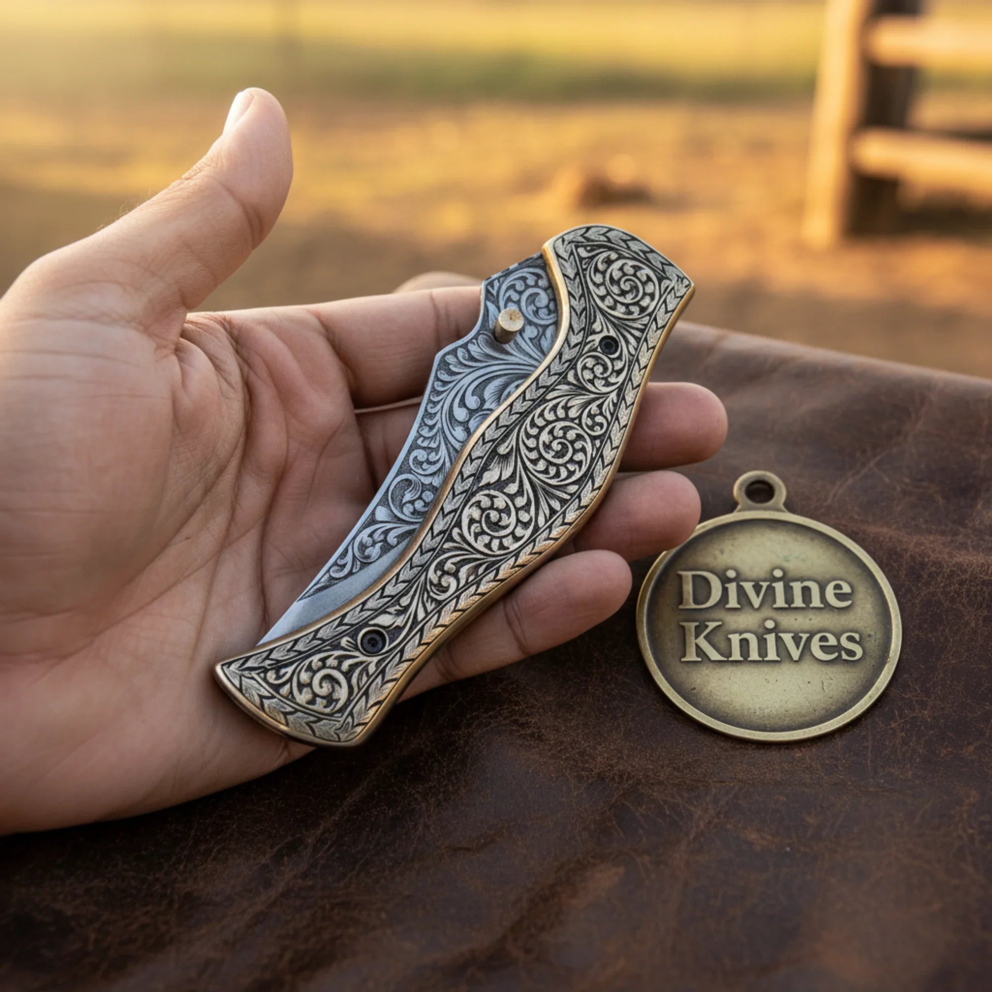 Hand-Engraved Folding Knife with Brass Handle – Handcrafted Liner Lock Pocket Knife, Art in Your Pocket