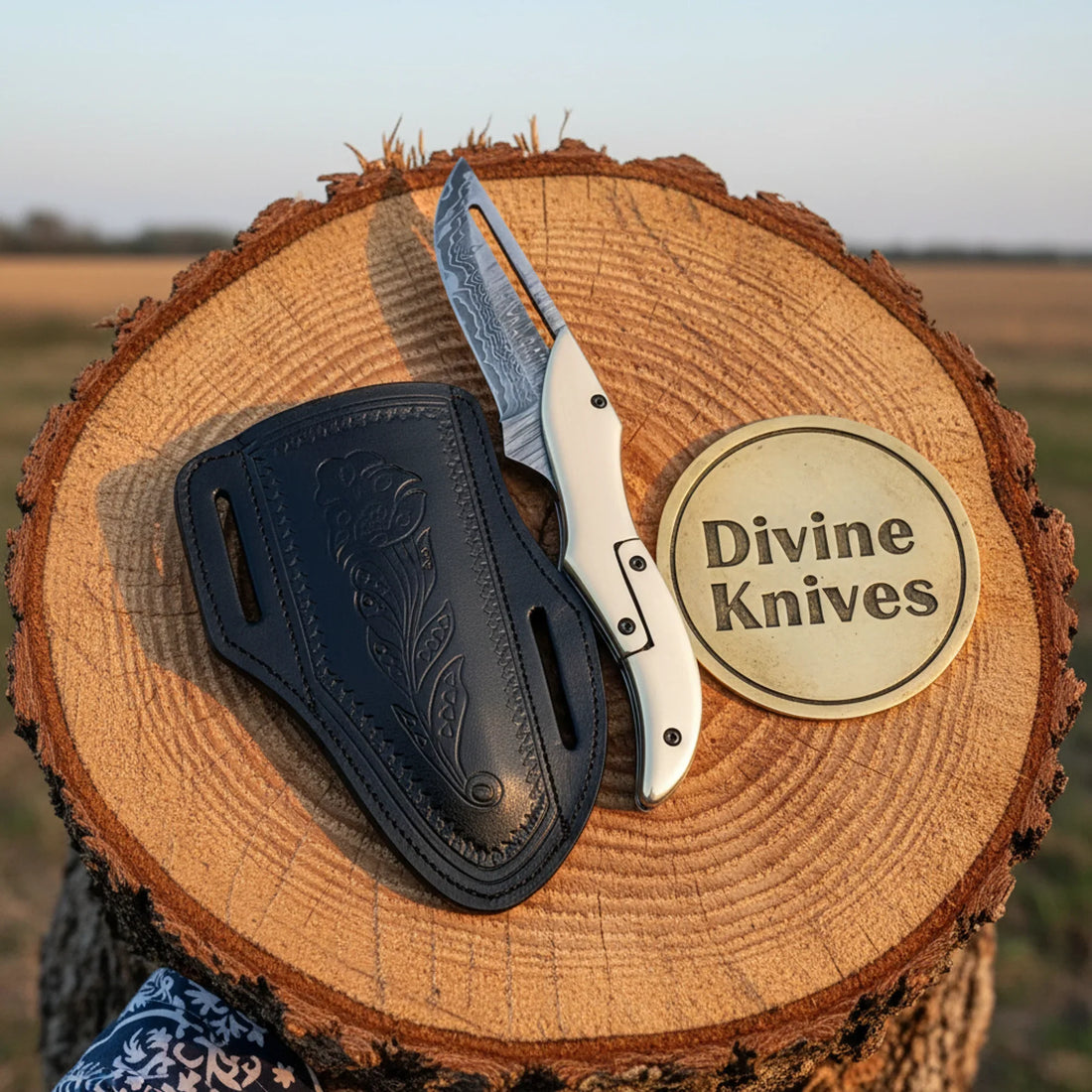 Damascus Folding Knife with Engraved Polished Steel Handle and Black Sheath