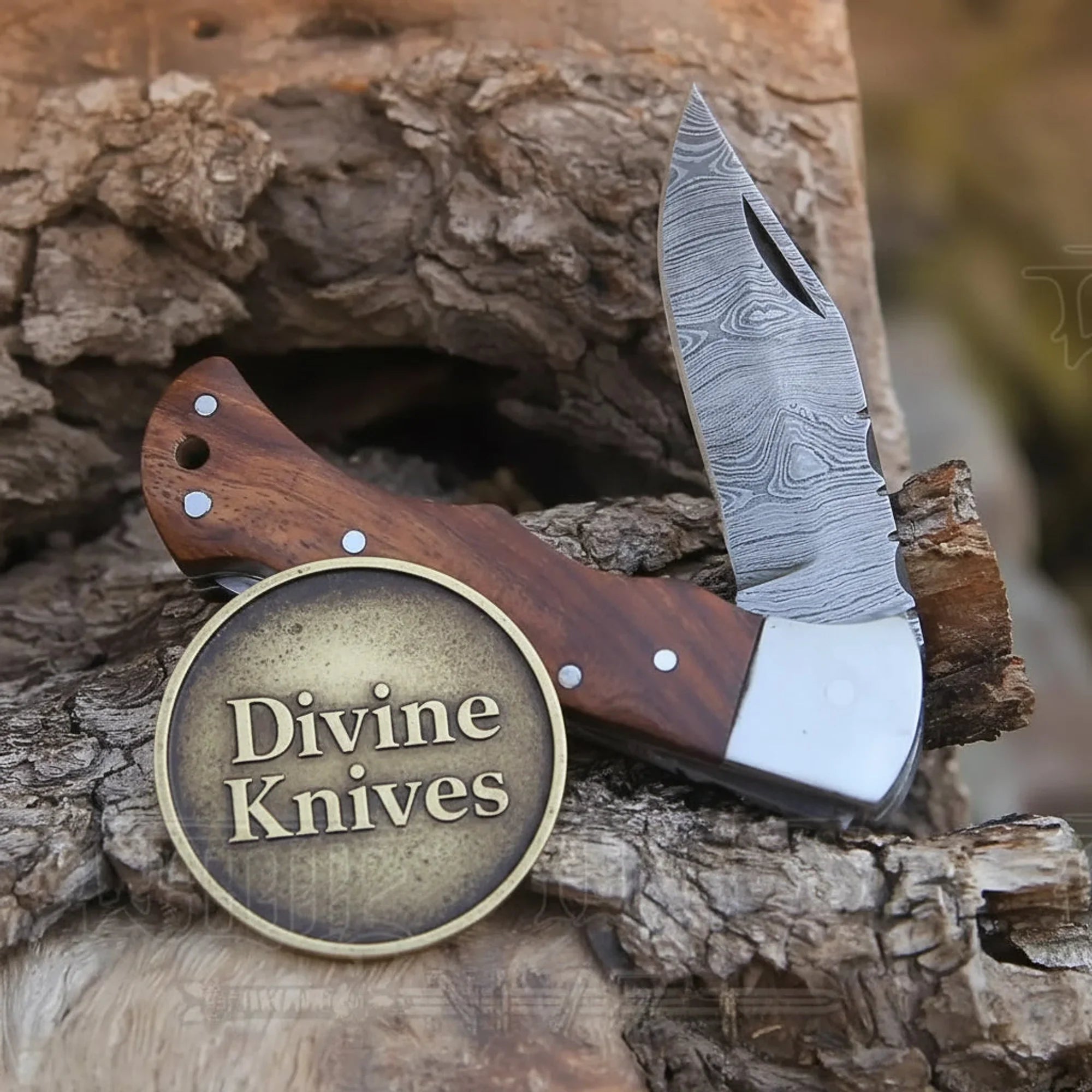 Rosewood Handle Damascus Knife with Steel Bolster and Leather Sheath