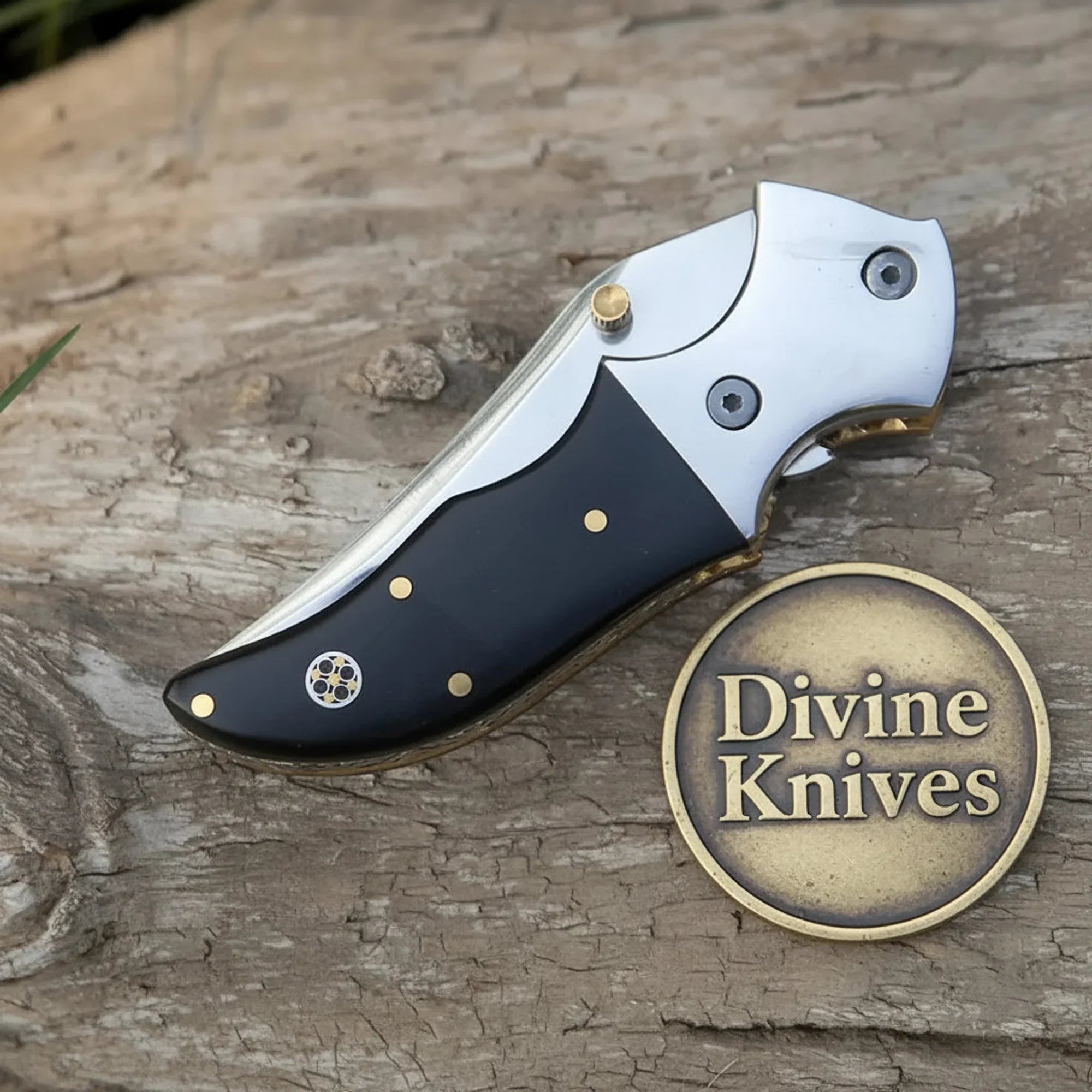 Linear Lock Folding Knife with Black Resin Handle and Cowhide Leather Sheath