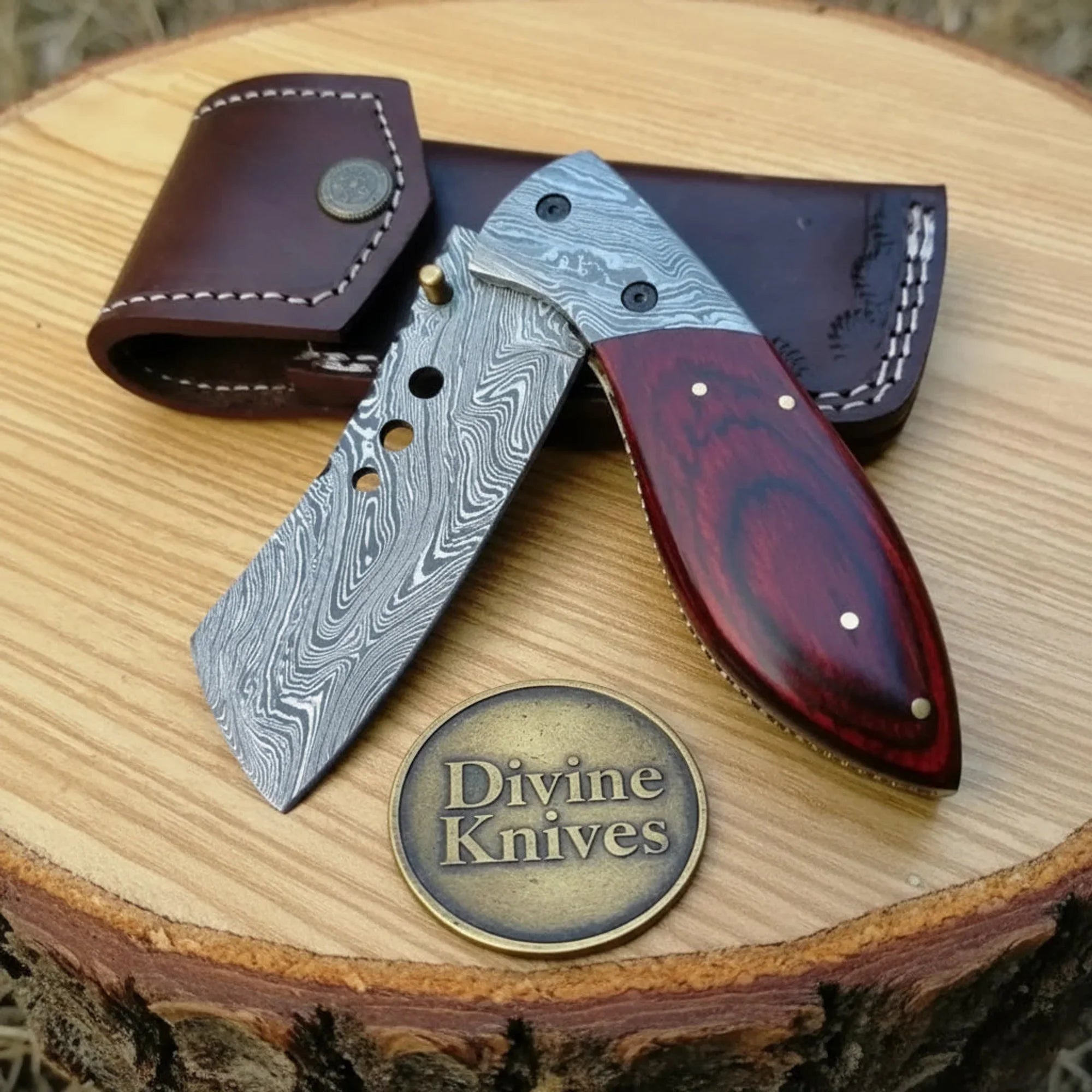 Tanto Style Damascus Folding Knife with Pakka Wood Handle