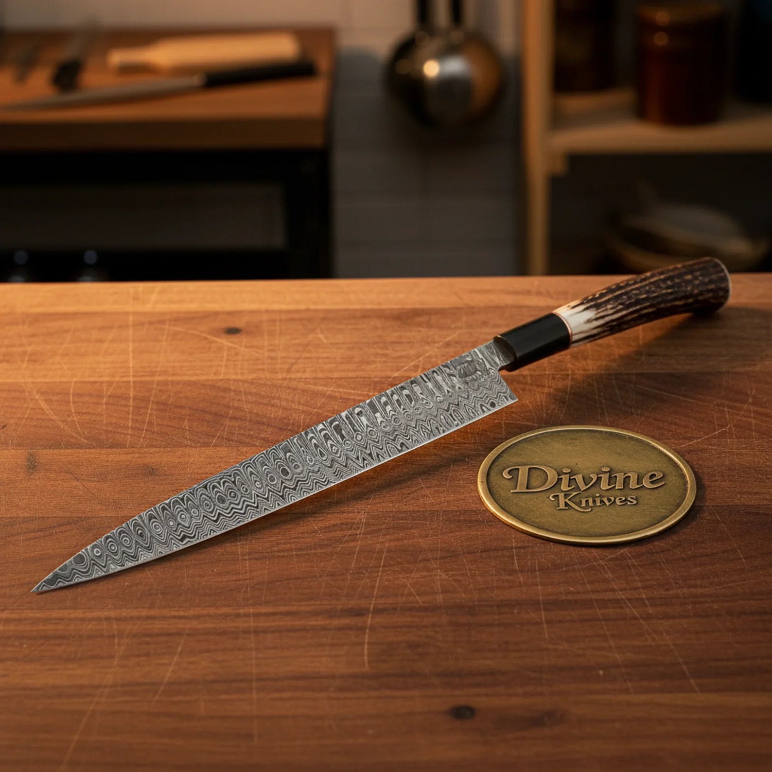 Damascus Chef Knife with Resin Handle – Handcrafted Green &amp; Cream Kitchen Knife