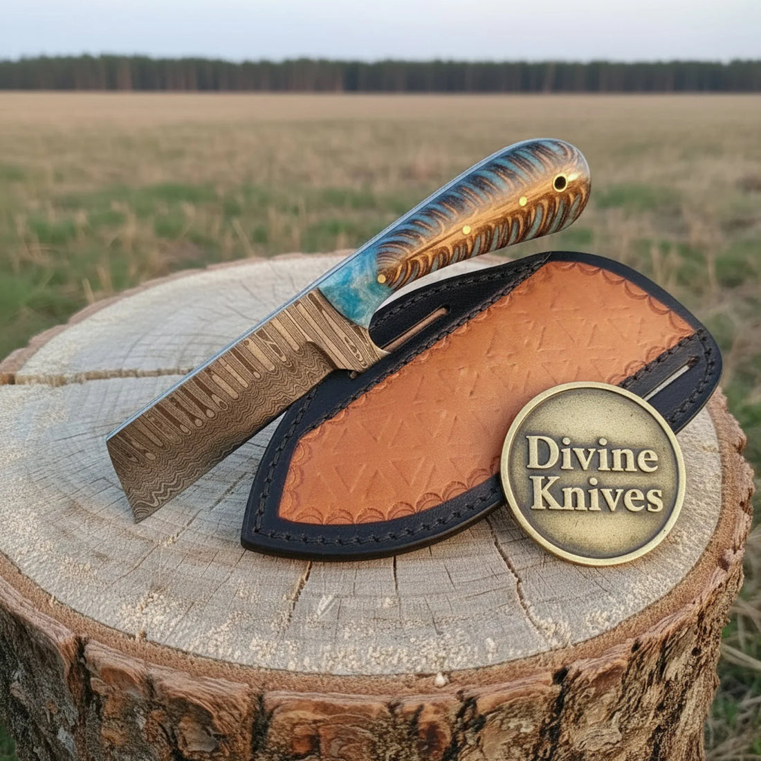 Damascus Comb Back Knife with Teal Wood Handle and Leather Sheath