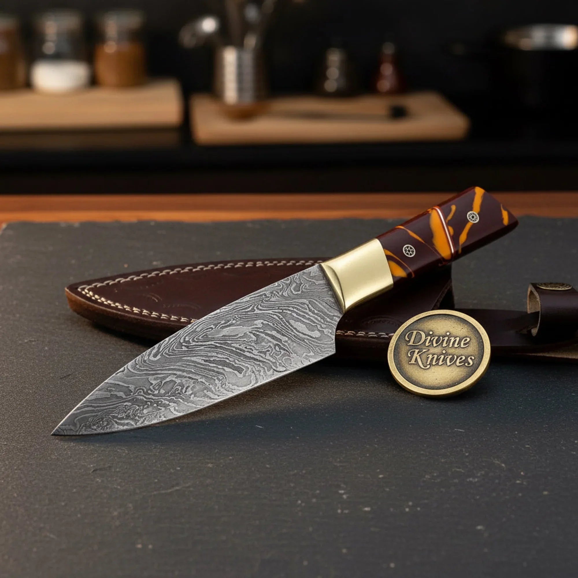 Damascus Slicing Knife with Stag Handle – Handcrafted Carving Knife for Meat &amp; Roasts