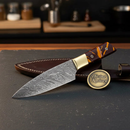 Damascus Slicing Knife with Stag Handle – Handcrafted Carving Knife for Meat &amp; Roasts