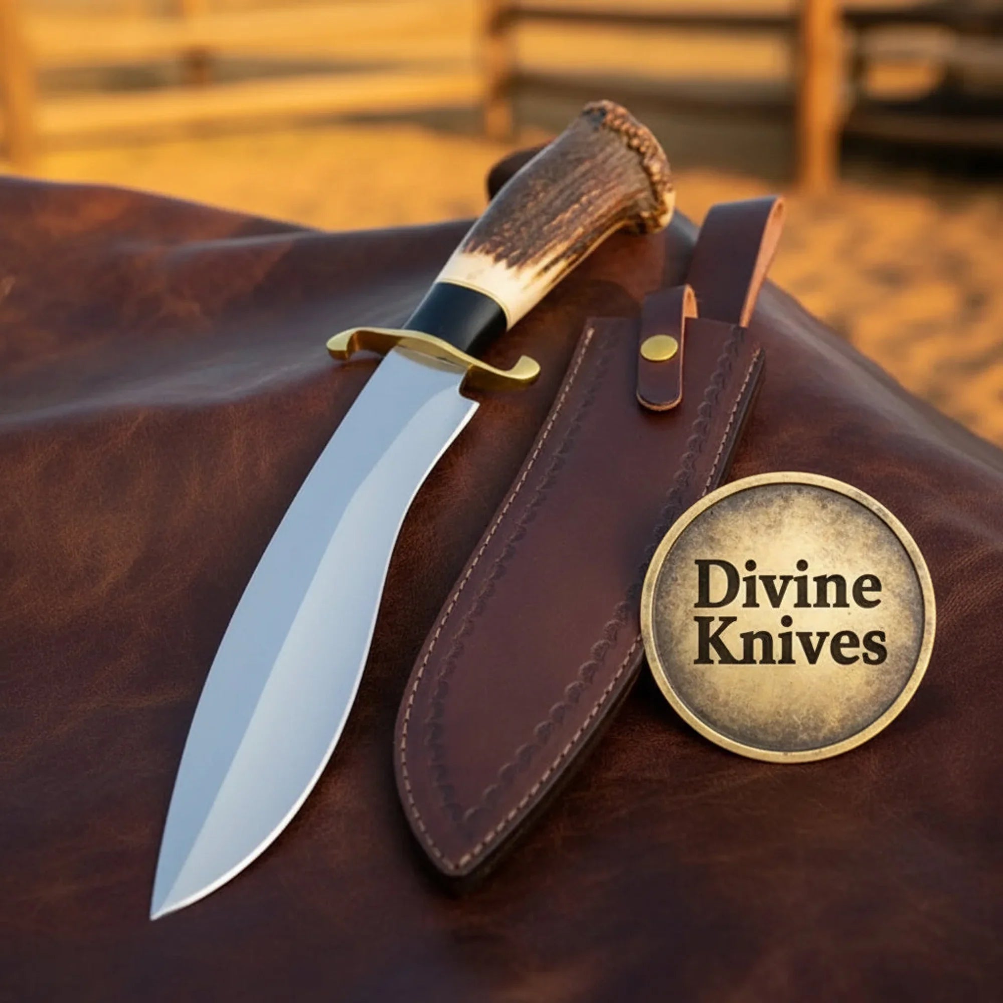 Damascus D-Guard Bowie Knife with Leather Sheath – Handcrafted Collectible Display Piece