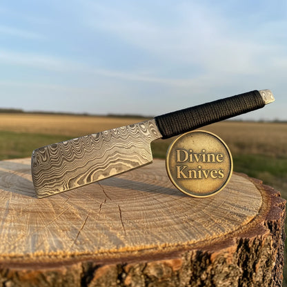 Damascus Mini Cleaver with Cord-Wrapped Handle – Handcrafted Kitchen Chopper for Herbs &amp; Garlic