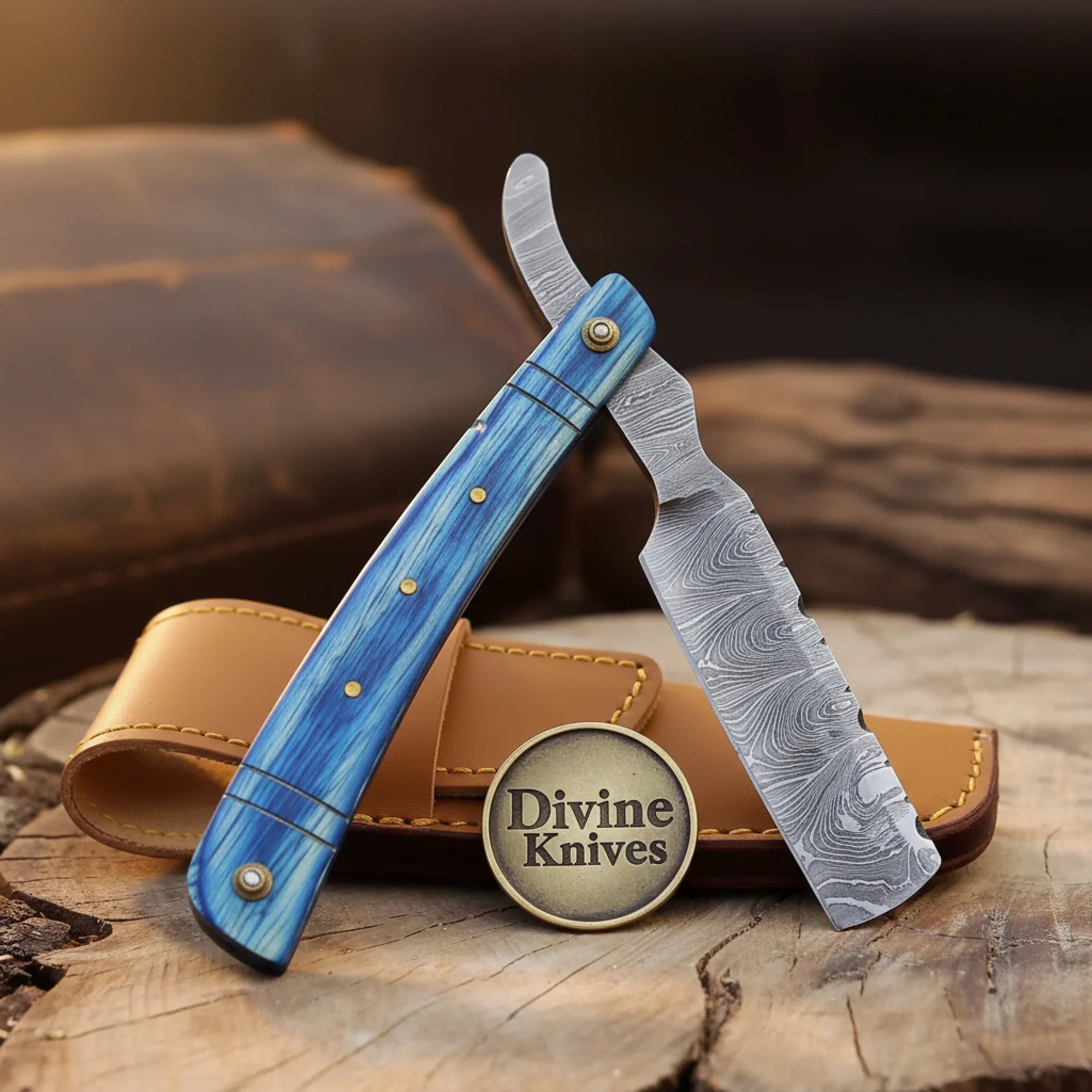 Blue Pakkawood Damascus Straight Razor – Handcrafted Cut-Throat Razor with 3–4 Inch Blade