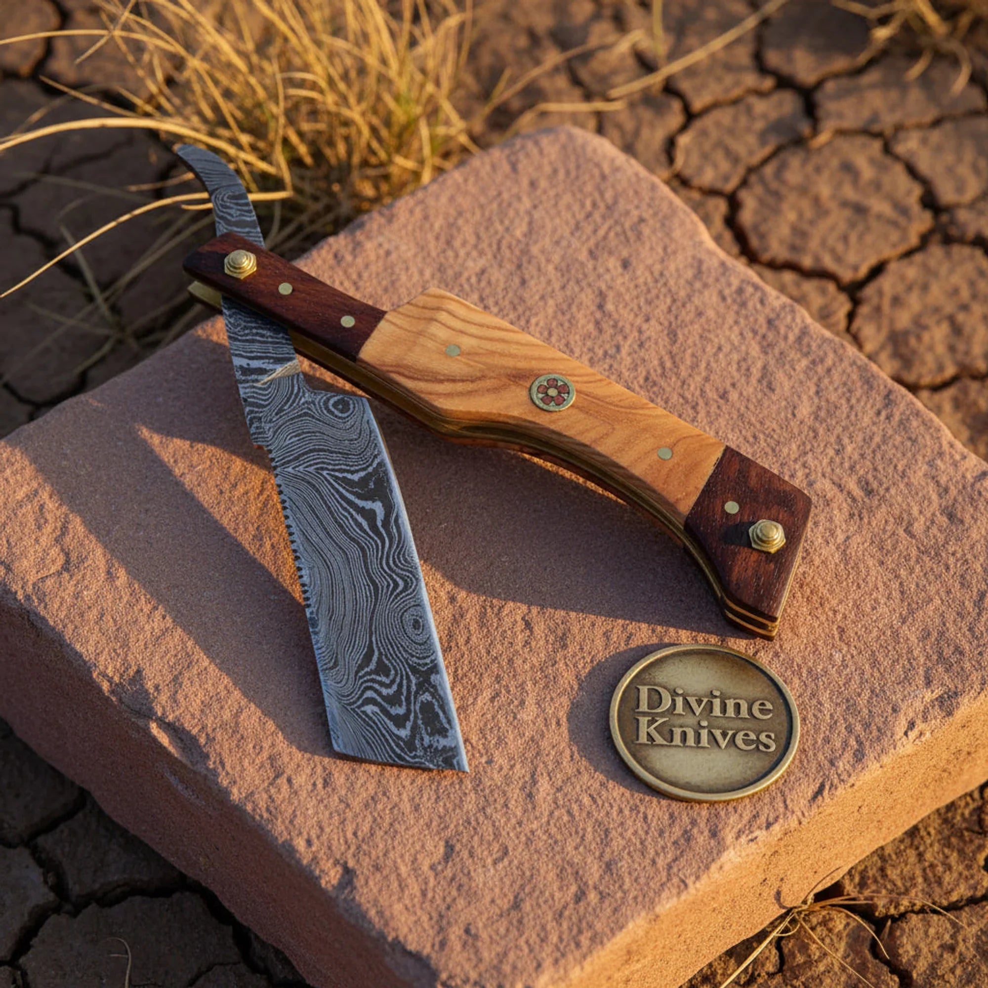 Olive &amp; Tali Wood Damascus Straight Razor – Handcrafted Cut-Throat Razor with Brass Pins