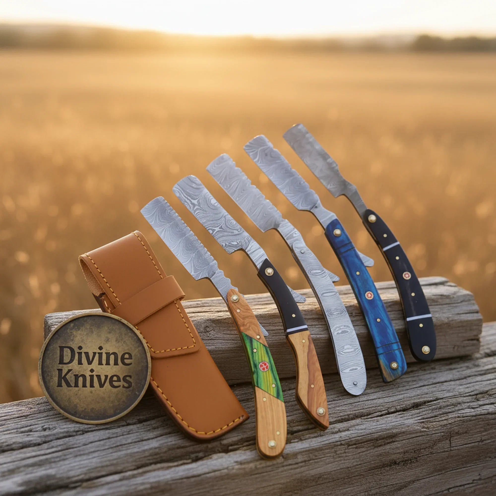 Damascus Straight Razor Set of 5 with Leather Pouch – Handcrafted Cut-Throat Razor Collection