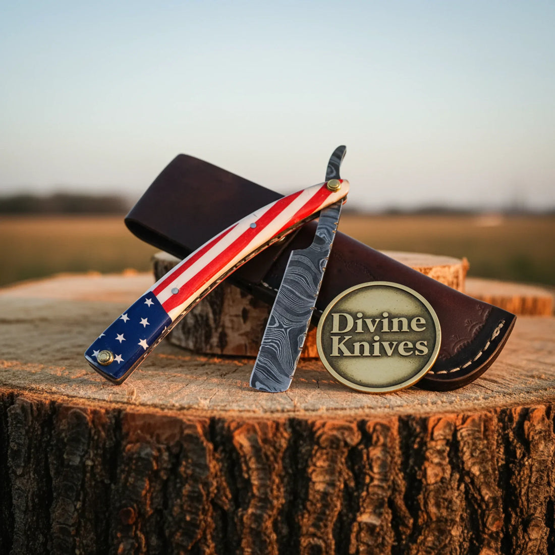 American Flag Damascus Straight Razor – Handcrafted Patriotic Cut-Throat Razor with 4-Inch Blade