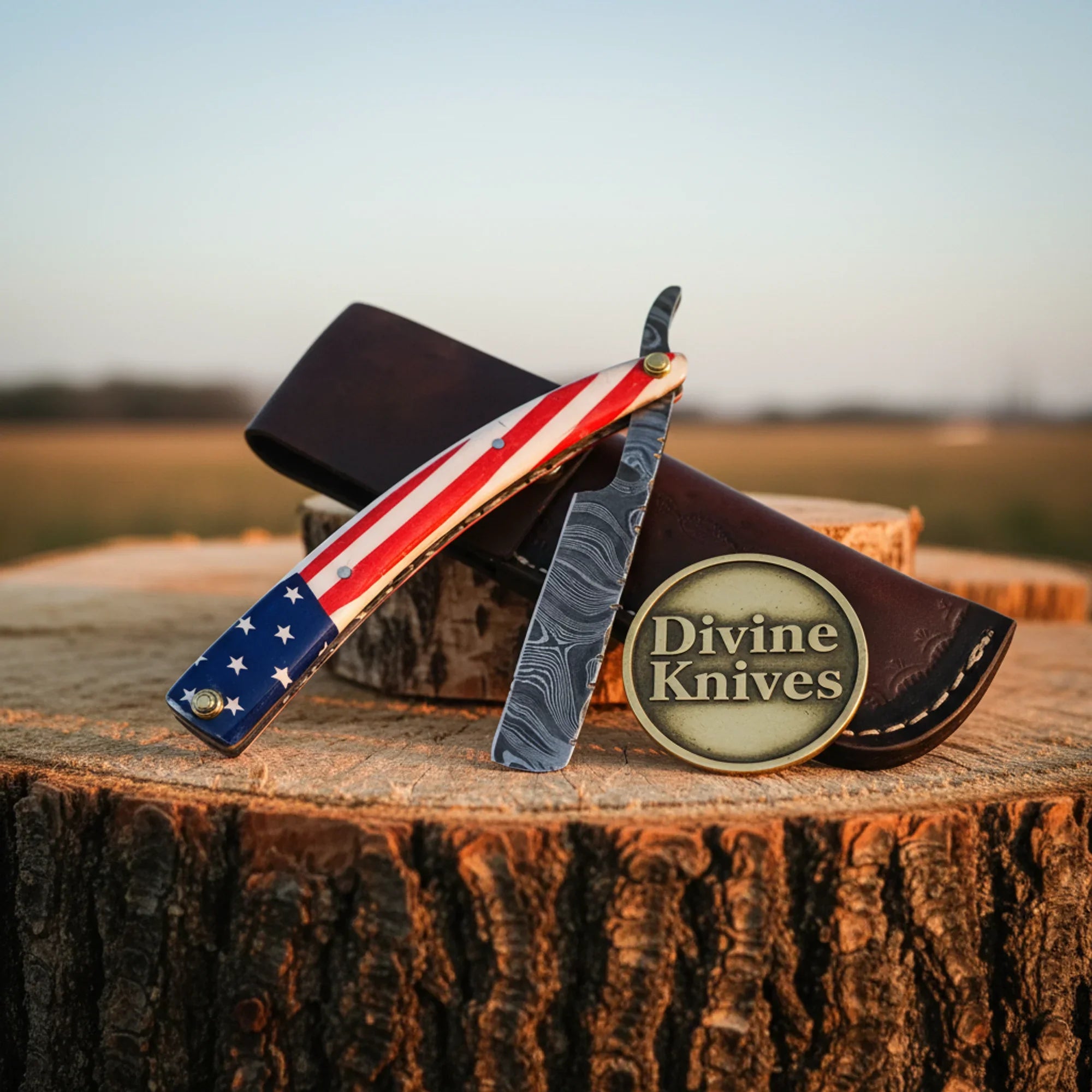 American Flag Damascus Straight Razor – Handcrafted Patriotic Cut-Throat Razor with 4-Inch Blade