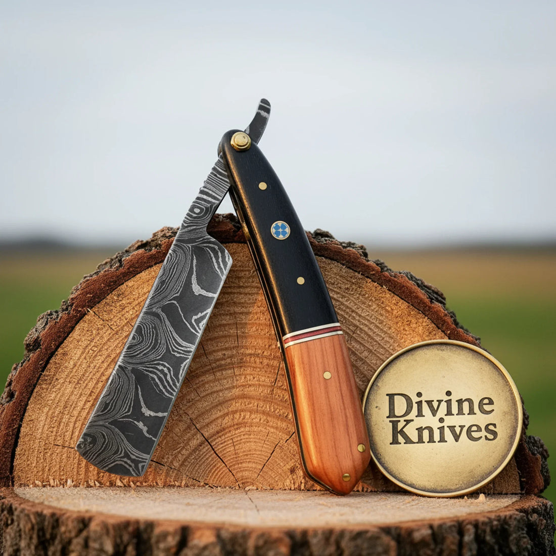 Black &amp; Olive Wood Damascus Straight Razor – Handcrafted Cut-Throat Razor with 4-Inch Edge