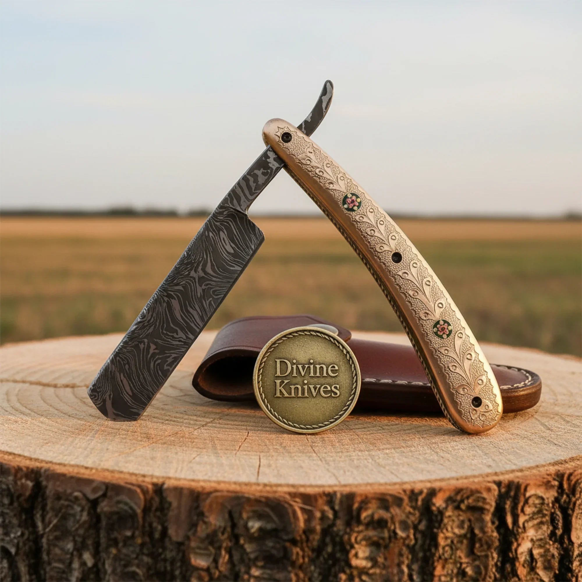 Engraved Brass Damascus Straight Razor – Handcrafted Ornate Cut-Throat Razor with Floral Handle