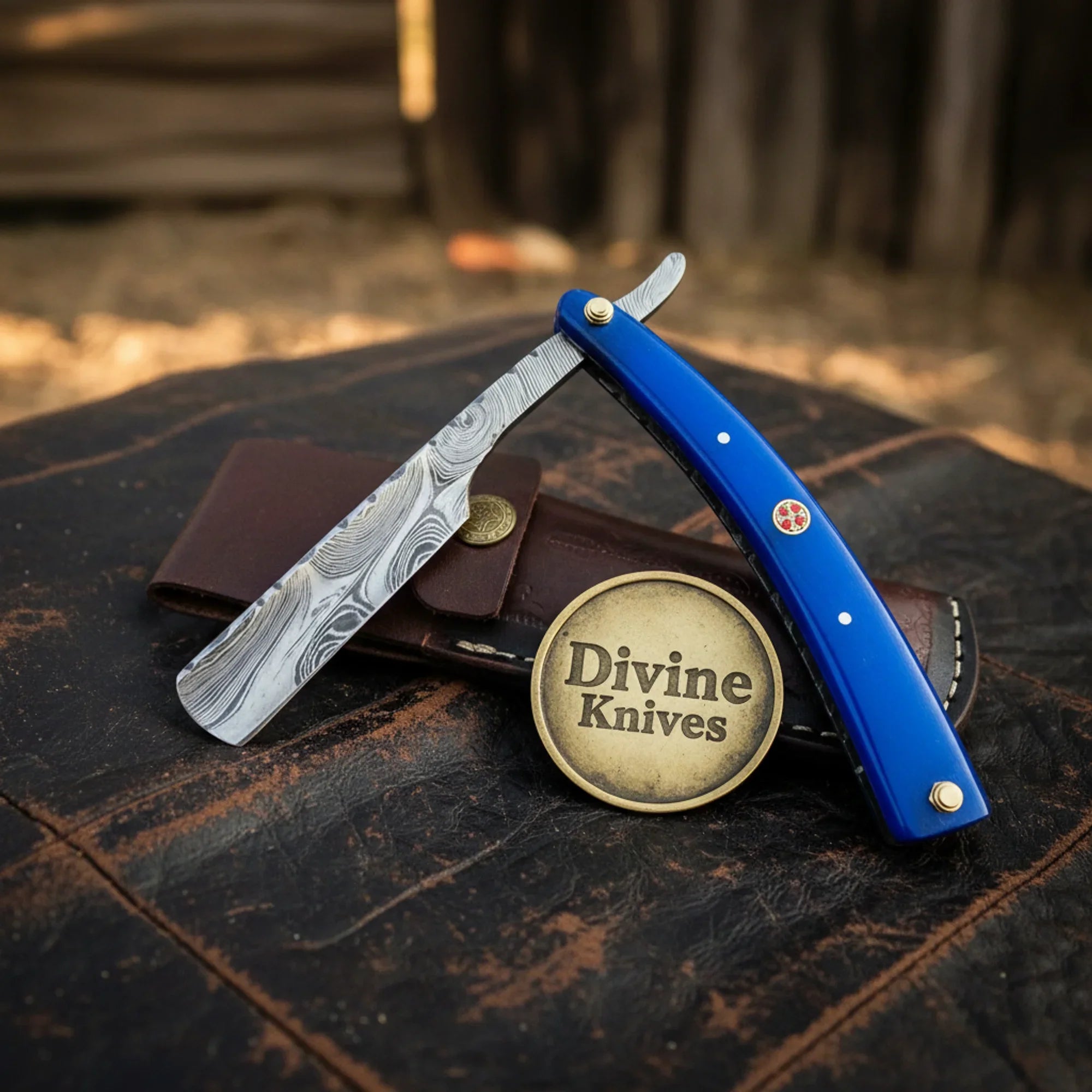 Blue Pakkawood Damascus Straight Razor with Long Blade – Handcrafted Cut-Throat Razor (4–5 Inch)