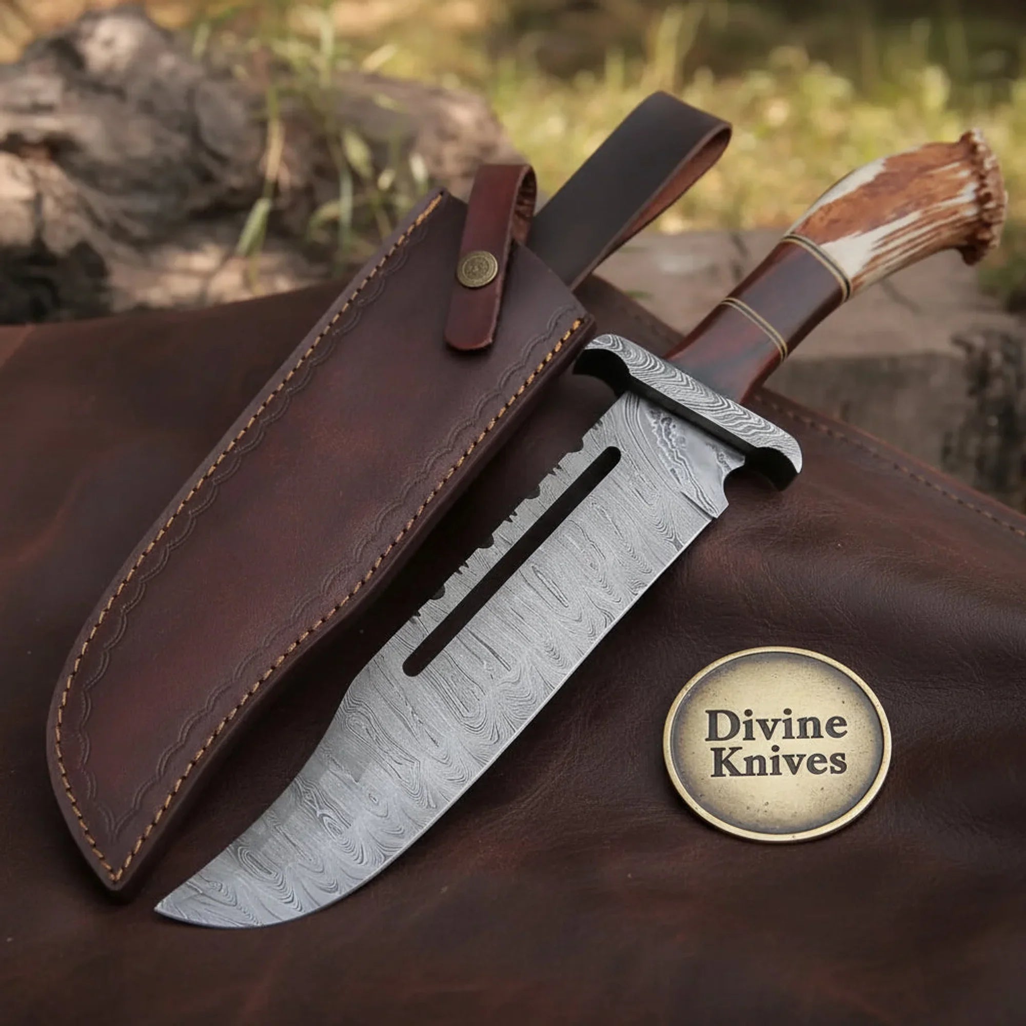 Texas Star Stag Handle Hunting Knife with Western Design