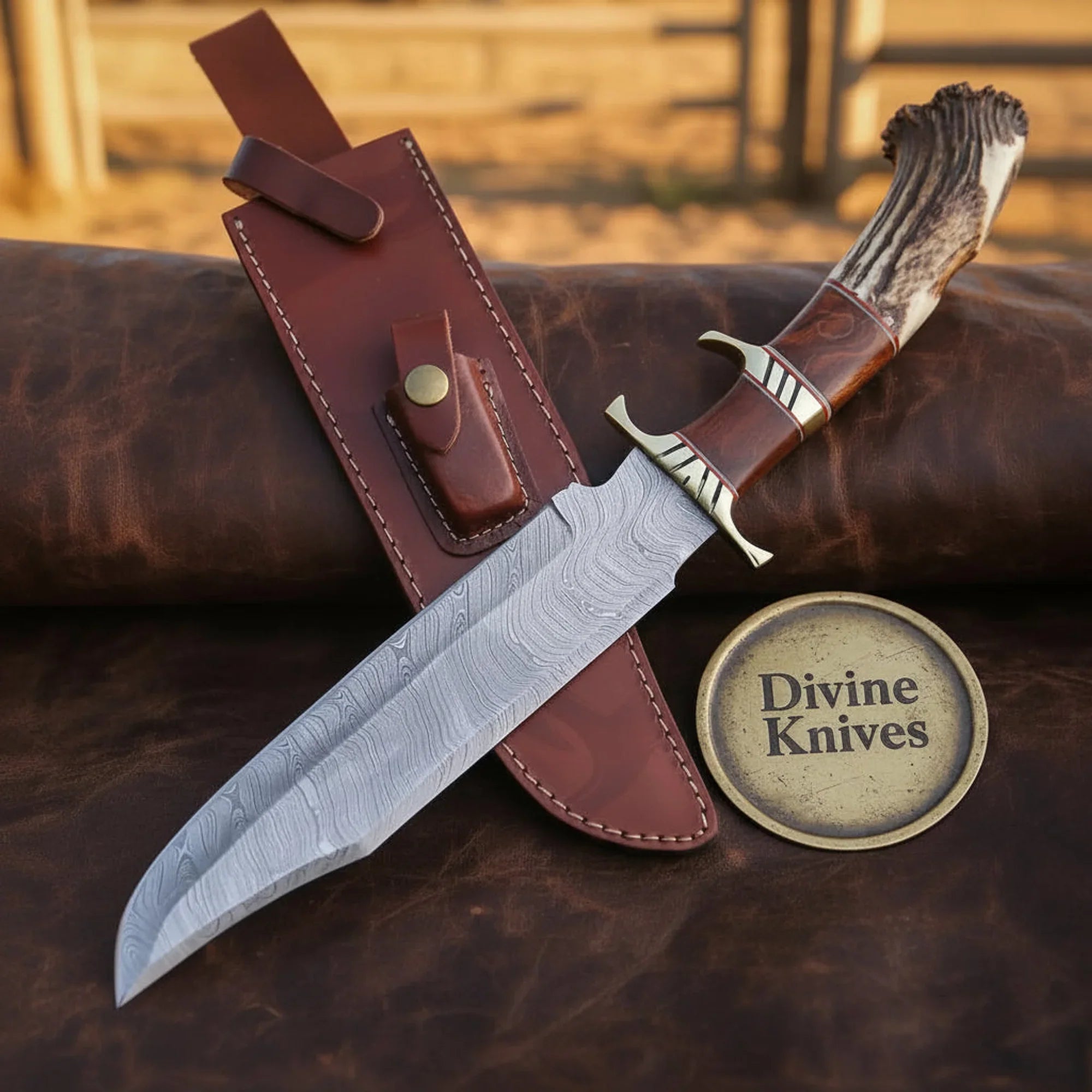 Damascus Bowie Knife with Bone Handle – Handcrafted Collectible with Ornate Brass Guard