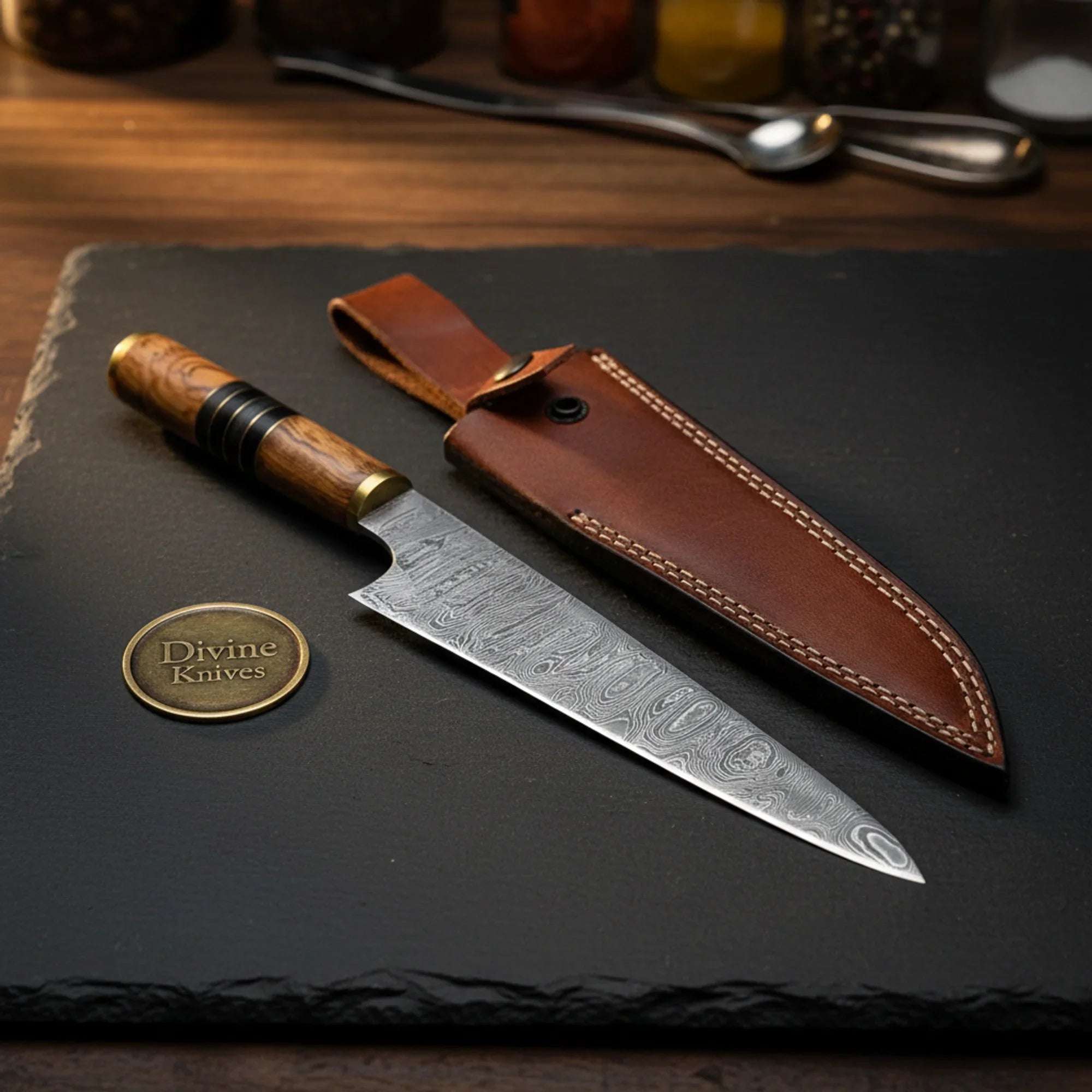 Rosewood Handle Damascus Gyuto Chef Knife for a Warm, Traditional Look