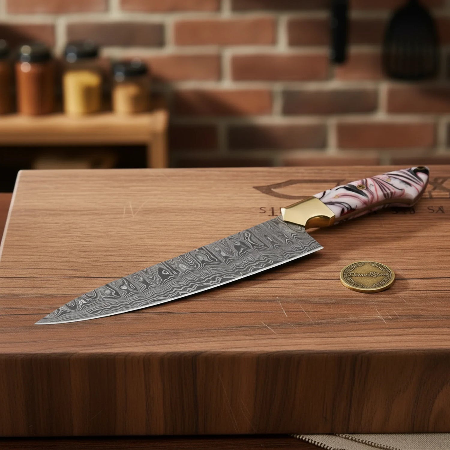 Copper Damascus Chef Knife with Bone Handle – Handcrafted Kitchen &amp; Collector&