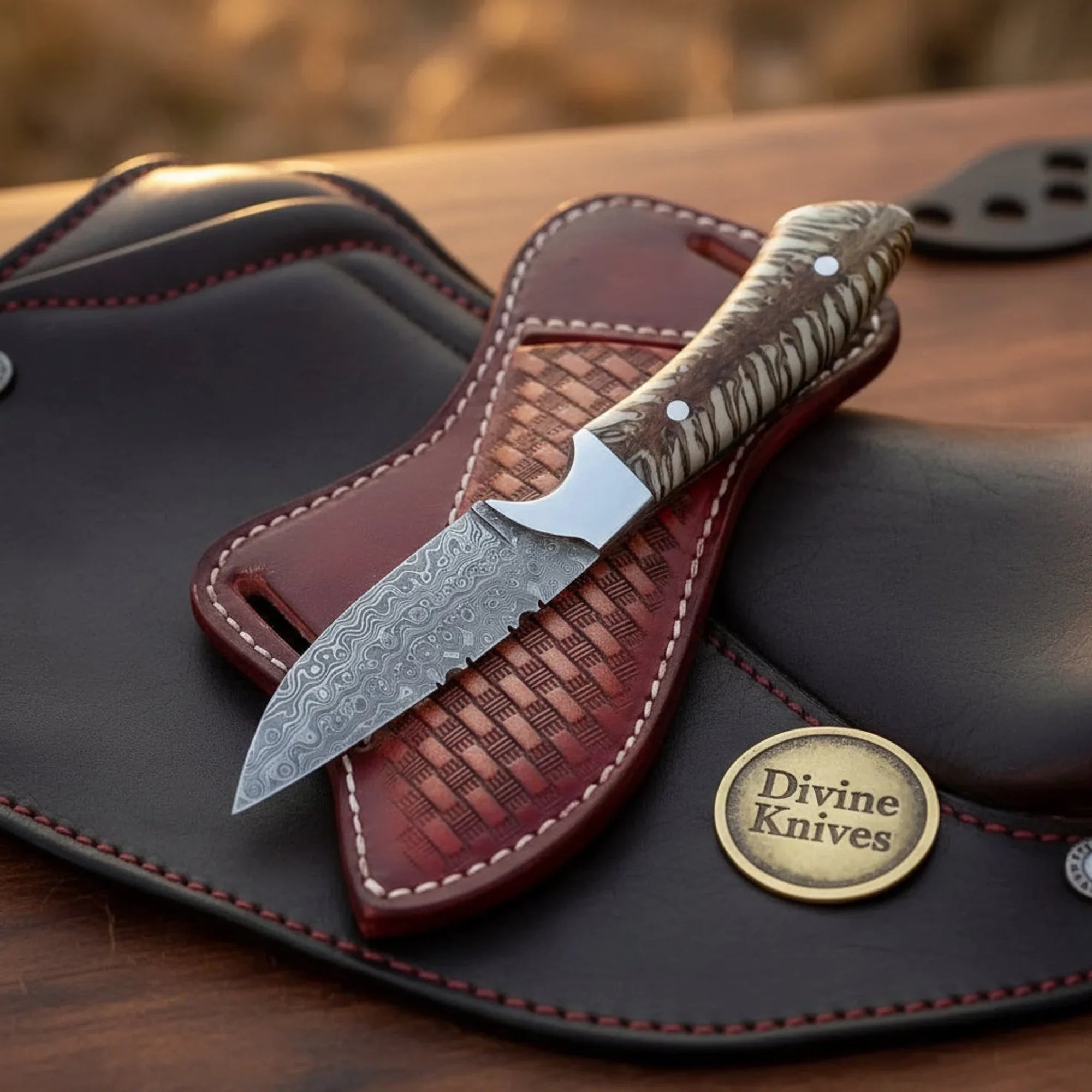 Pine Cone Resin Cowboy Knife with Damascus Blade – Handmade Outdoor &amp; Hunting Tool