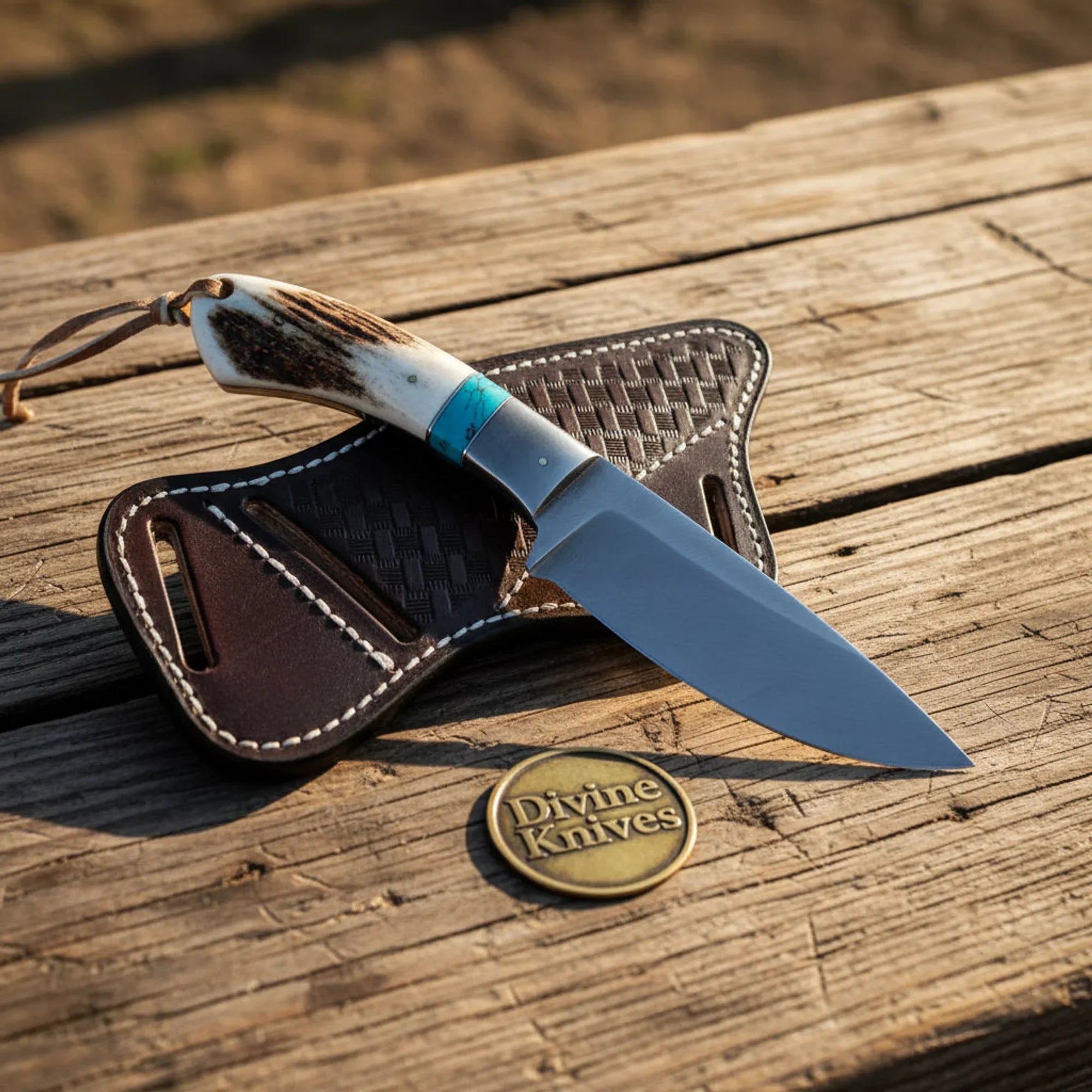Acid-Washed Cowboy Knife with Stag Horn &amp; Turquoise Handle – Handmade Outdoor Tool