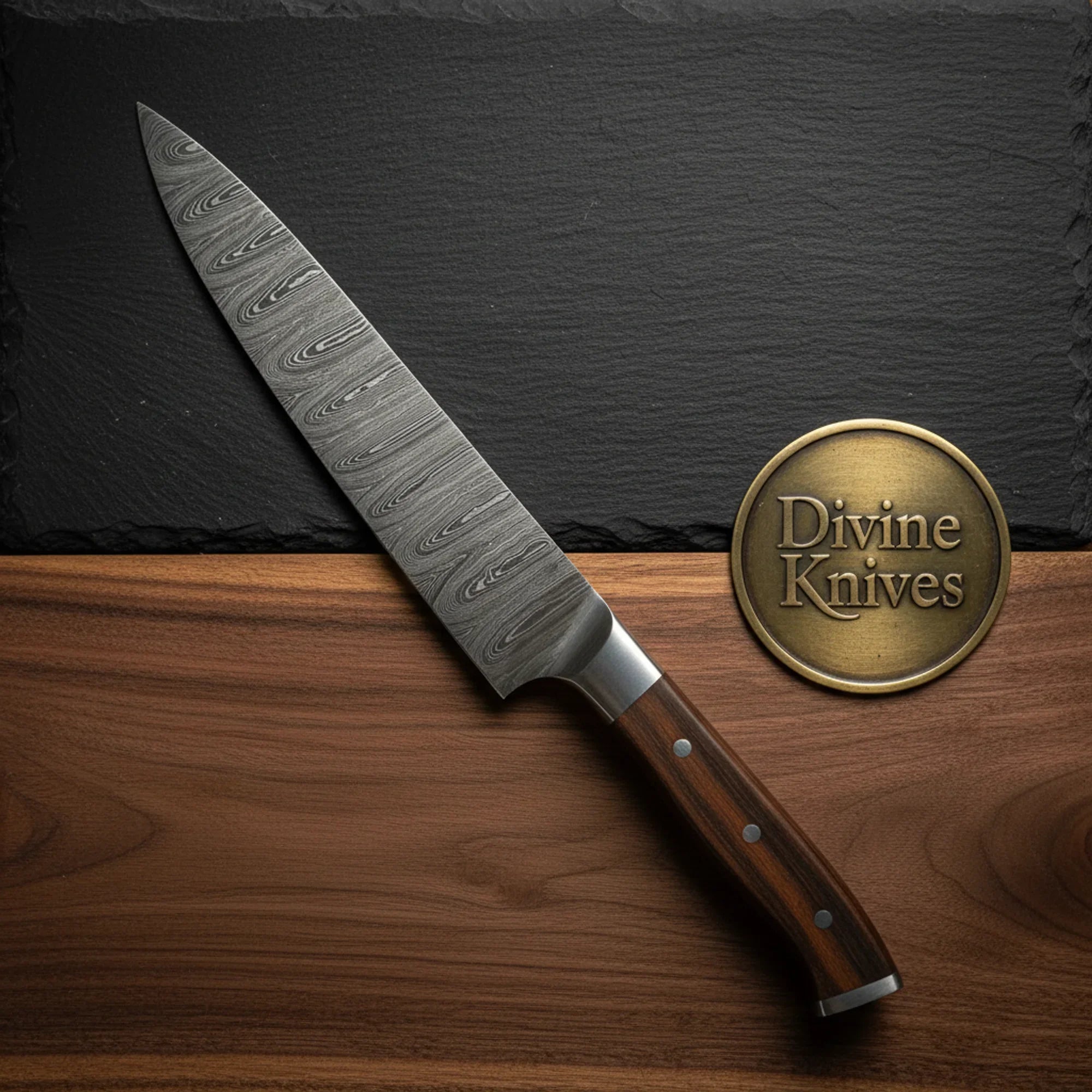 Rosewood Damascus Chef Knife with Leather Sheath for Kitchen Use