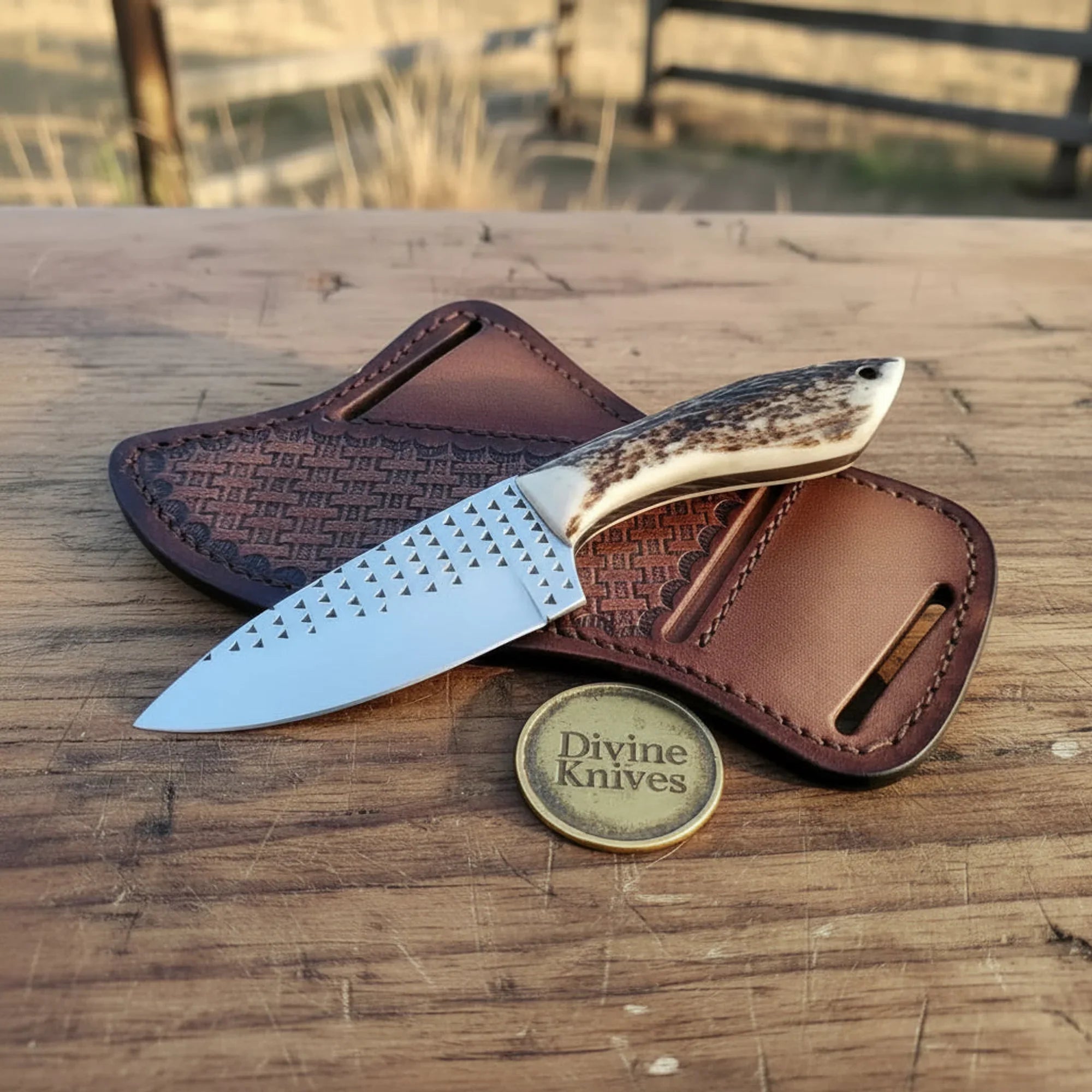 Stag Horn Cowboy Knife with Rasp Steel Blade &amp; Basket-Weave Sheath