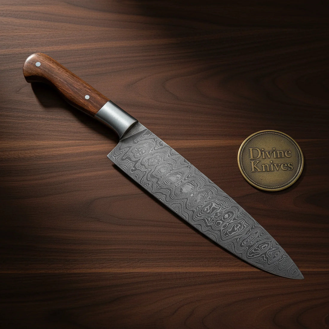 Feather Damascus Chef Knife with Stag Handle &amp; Sheath – Handcrafted Kitchen &amp; Display Knife