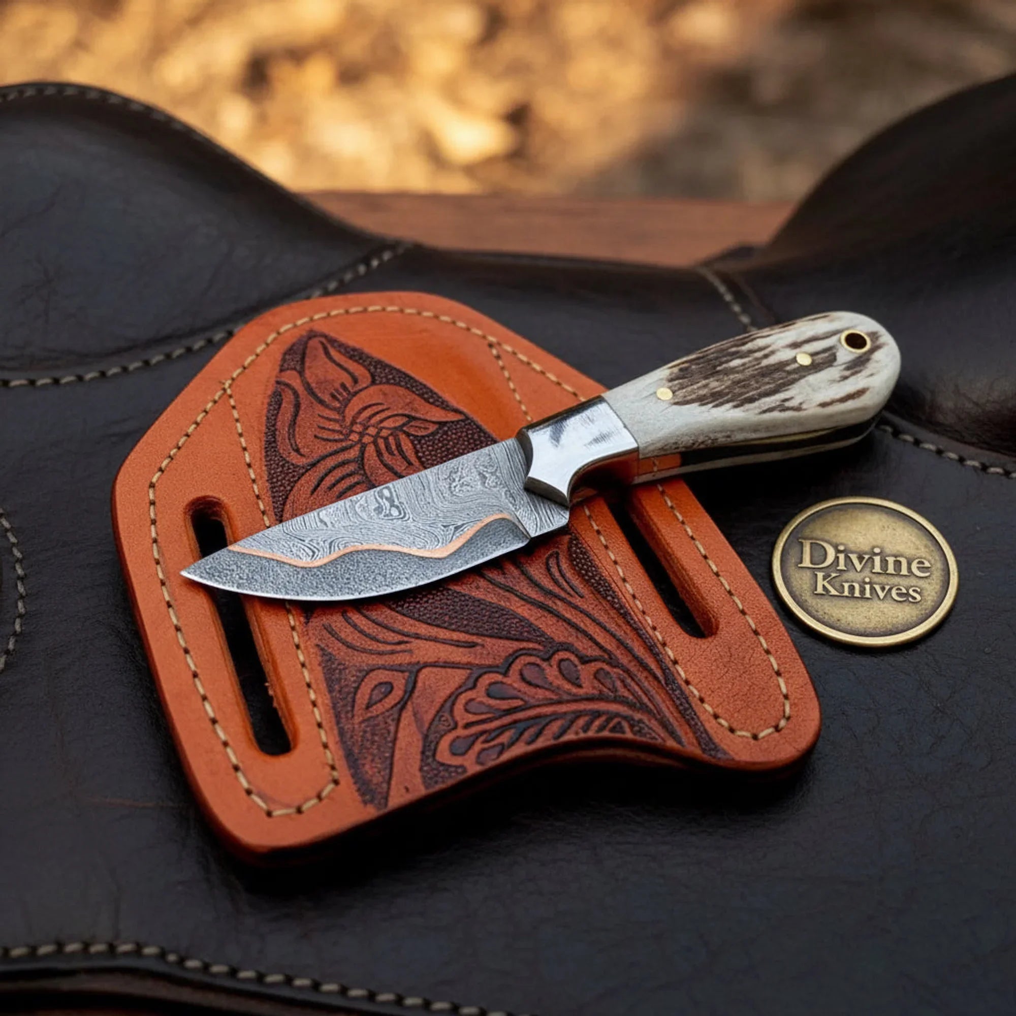 Copper Damascus Cowboy Knife with Stag Horn Handle &amp; Floral Sheath