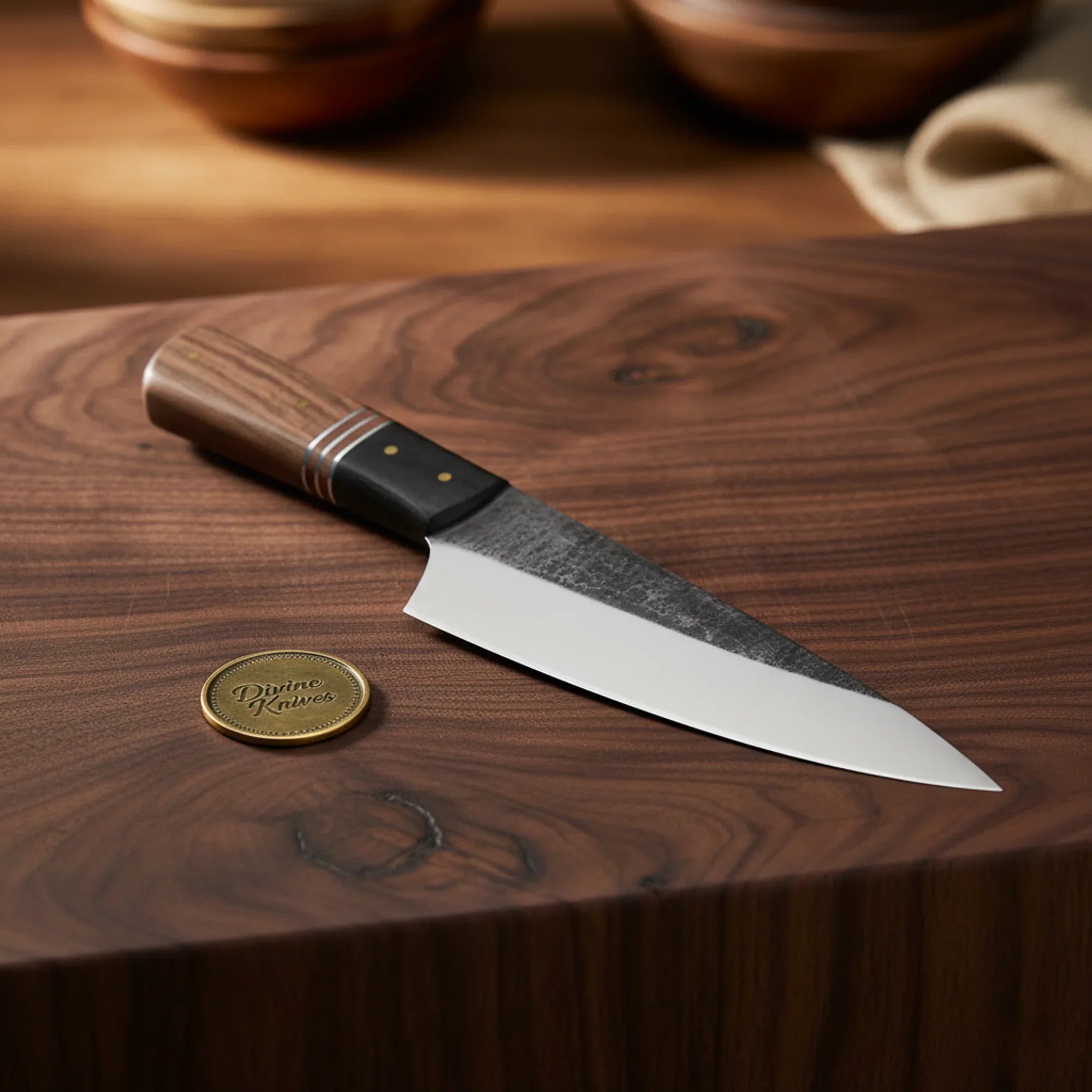 Damascus Chef Knife with Black Handle &amp; Leather Sheath – Handcrafted Kitchen Knife with Gift Box