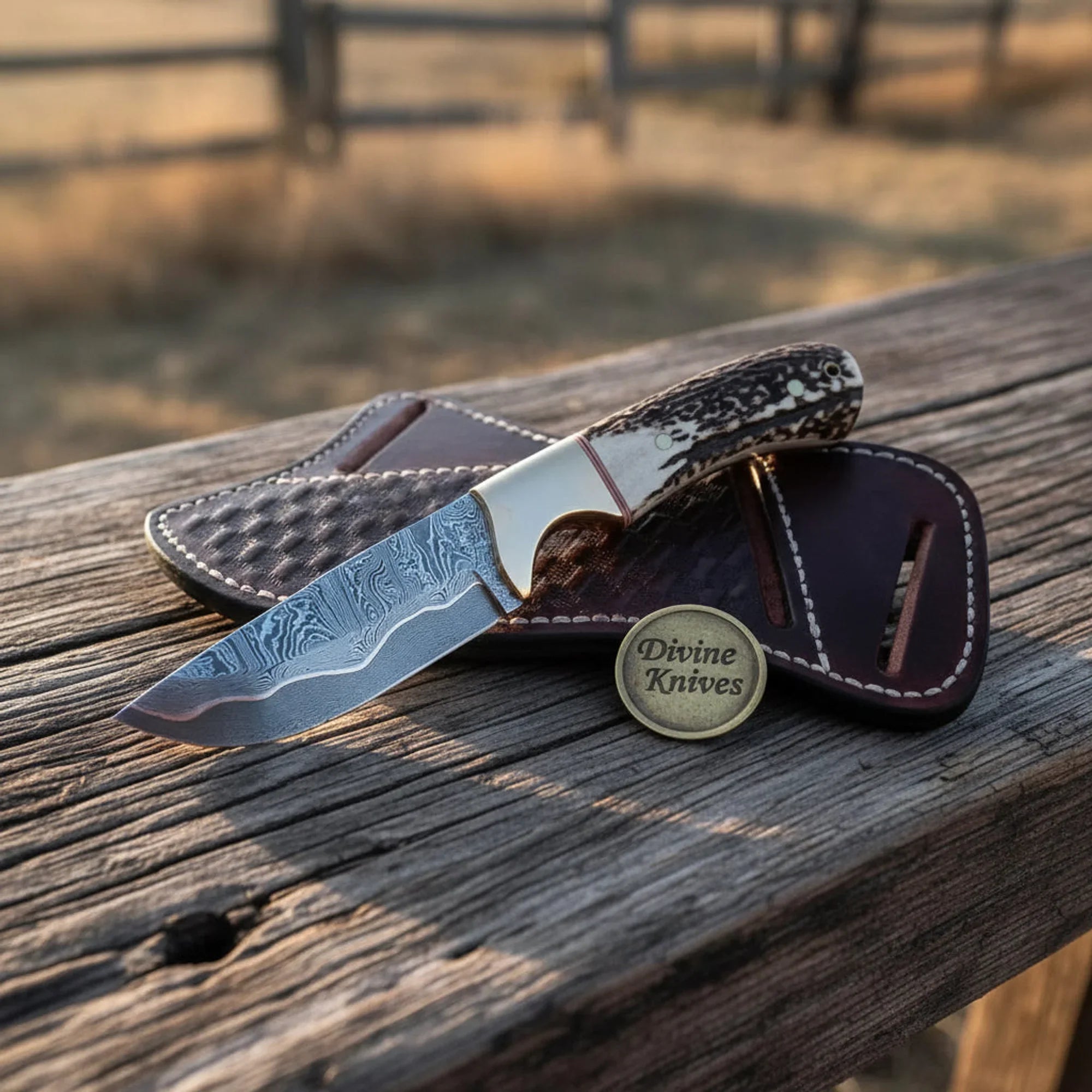 Carved Wood Handle Damascus Bowie Knife with Brass Guard
