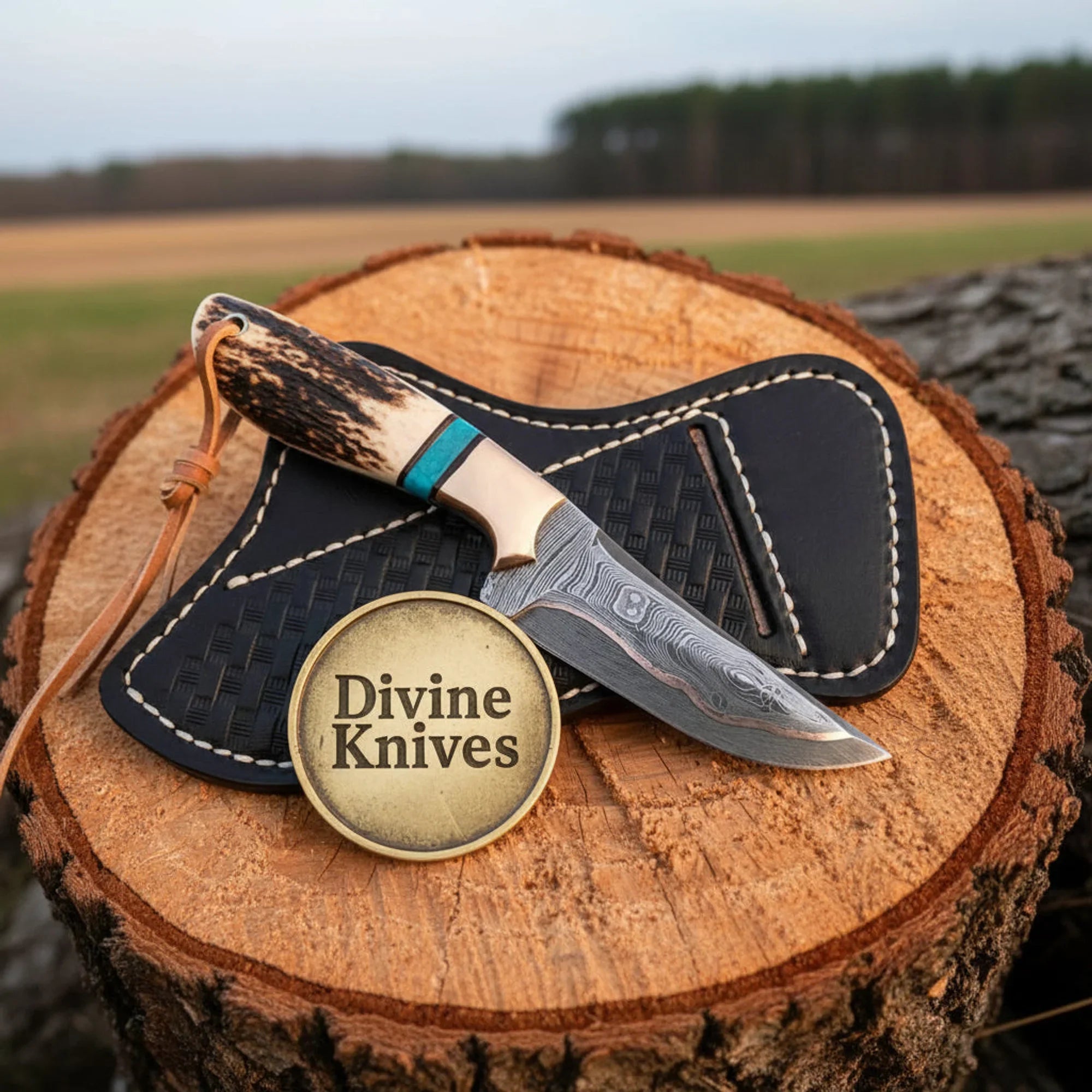 Copper Damascus Cowboy Knife with Stag Horn &amp; Turquoise Spacer – Handcrafted Outdoor Tool