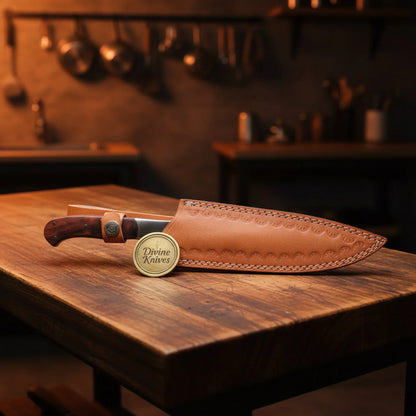 Damascus Utility Knife with Resin Handle – Handcrafted Small Kitchen Knife with Sheath