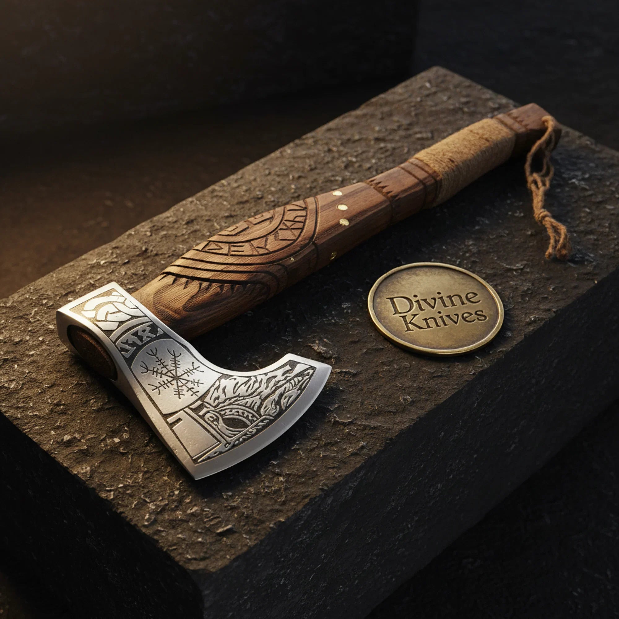 Norse Engraved Viking Axe — Hand-Forged Hatchet with Runic Carved Handle