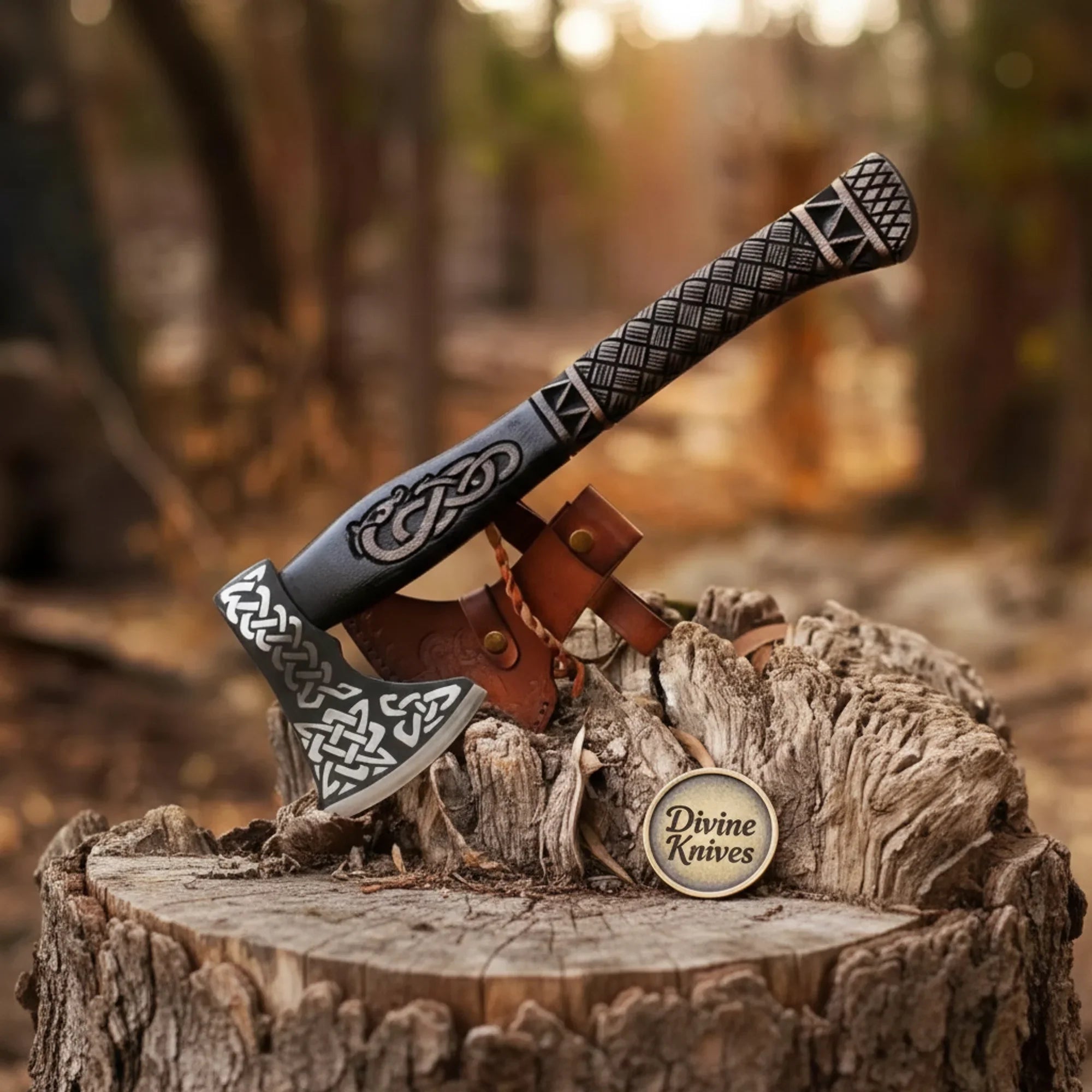 Celtic Norse Viking Axe — Hand-Forged Hatchet with Carved Handle
