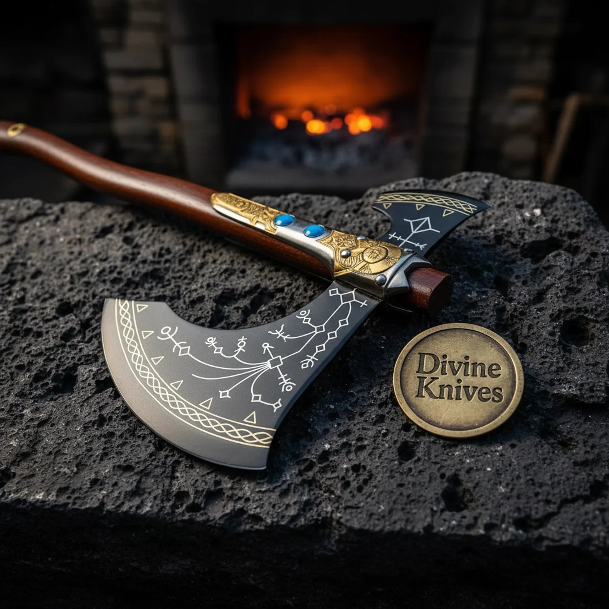 Ornate Viking Axe with Gold-Etched Runes &amp; Turquoise Stone Accents