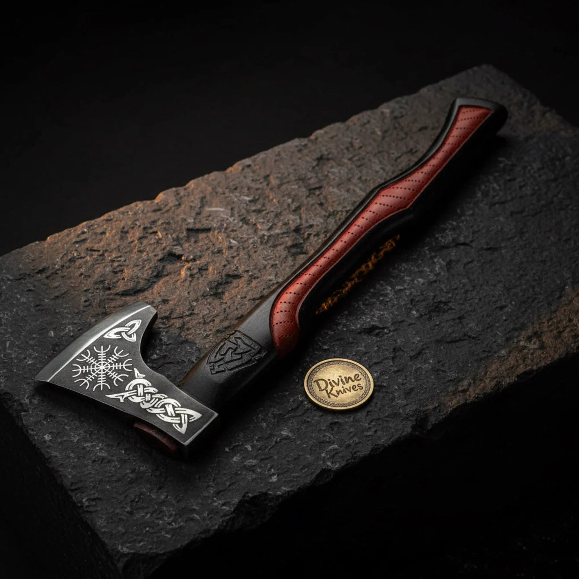 Helm of Awe Viking Axe with Blackened Head &amp; Sculpted Red Handle