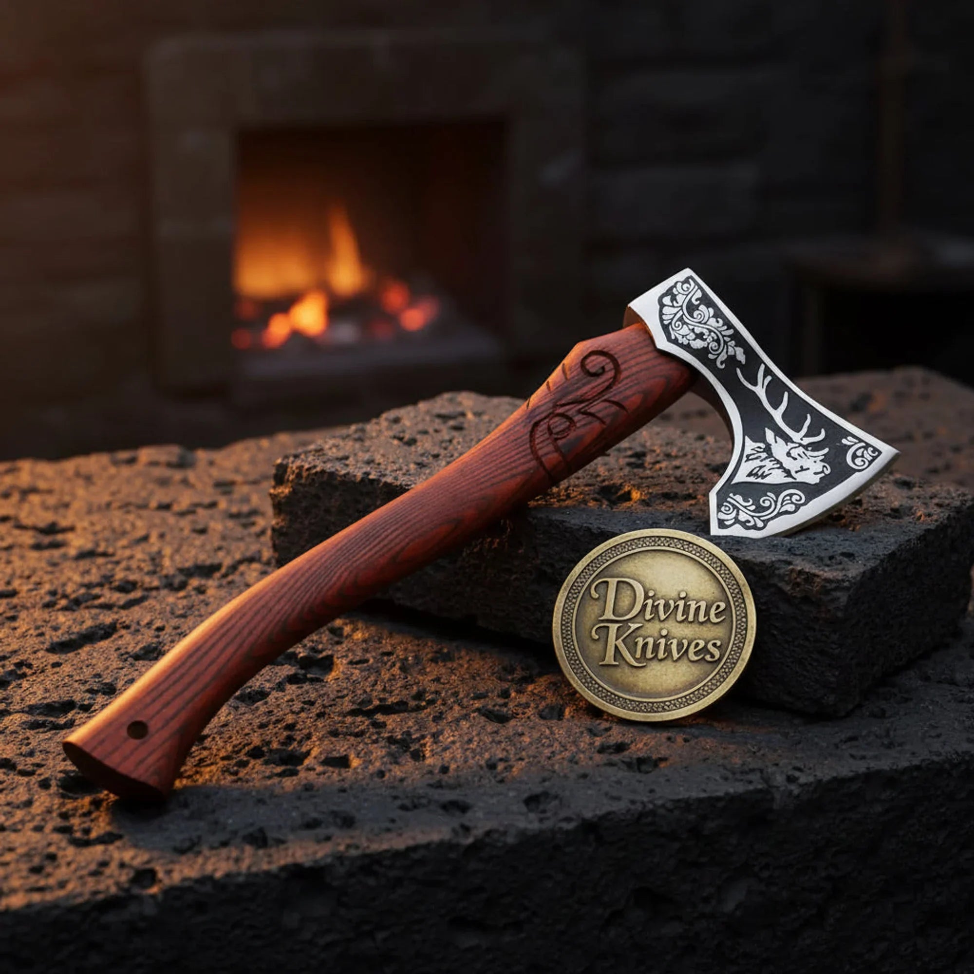 Viking Hunting Axe with Stag-Etched Head &amp; Rosewood Handle