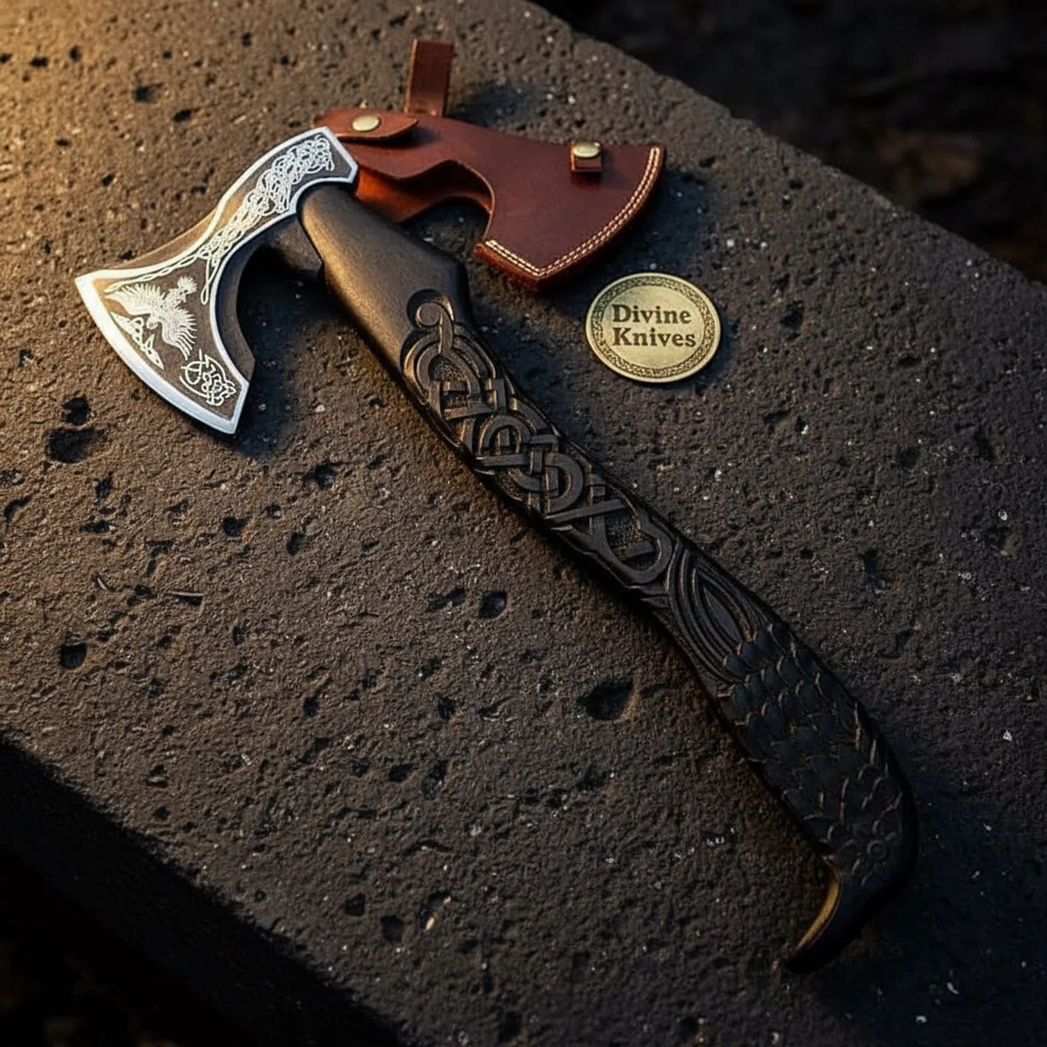 Carved Viking Axe with Raven-Etched Head, Knotwork Handle &amp; Sheath