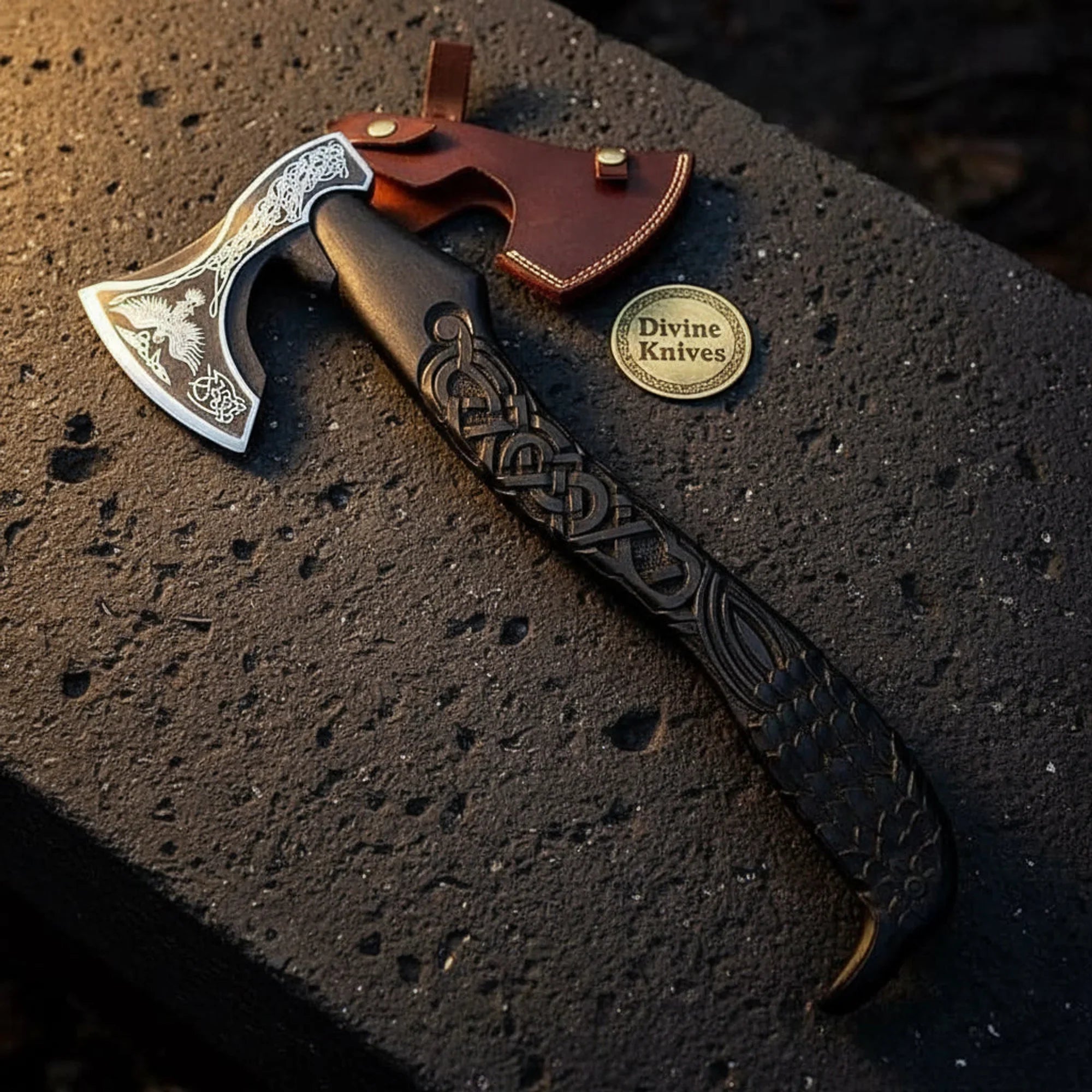 Carved Viking Axe with Raven-Etched Head, Knotwork Handle &amp; Sheath