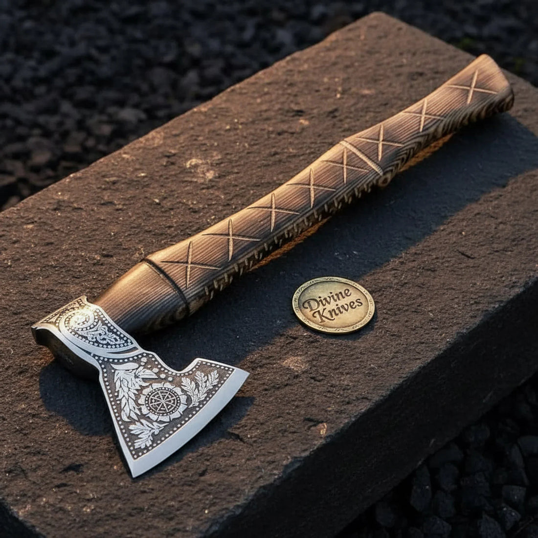 Viking Axe with Floral-Etched Head &amp; Hand-Carved Ash Handle