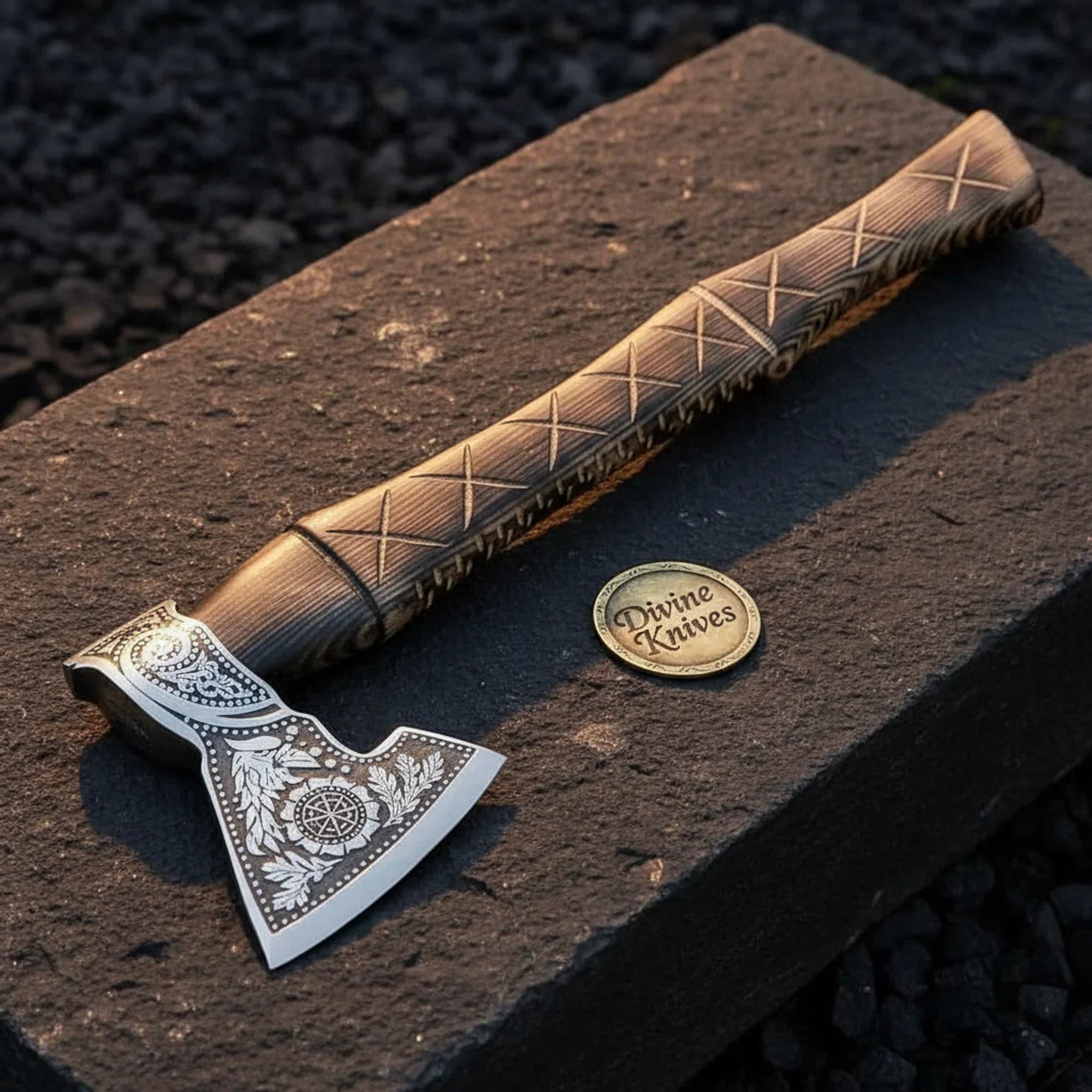 Viking Axe with Floral-Etched Head &amp; Hand-Carved Ash Handle