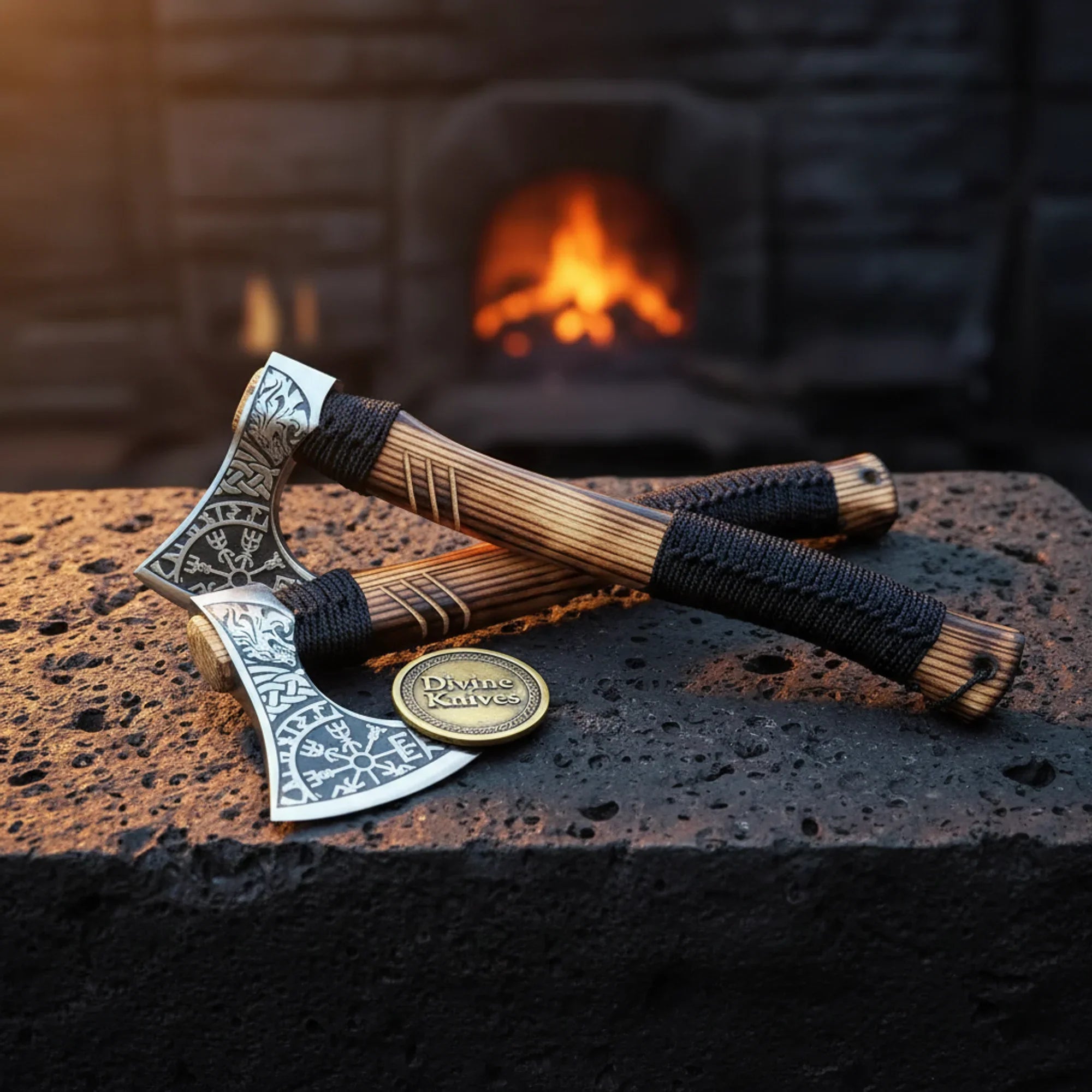 Viking Camp Axe with Cord-Wrapped Handle &amp; Vegvisir Etched Head