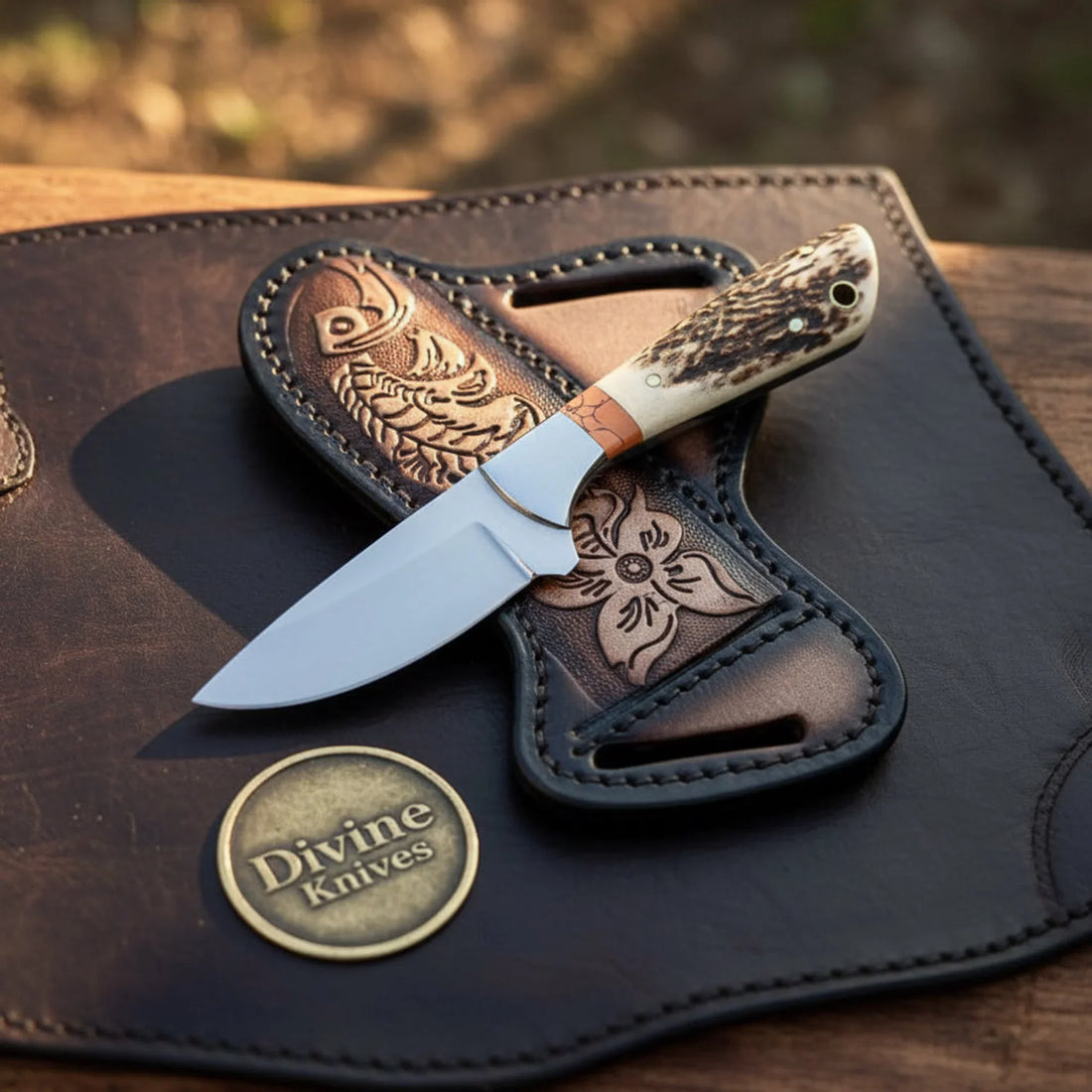 Damascus Bowie Knife with Leather Wrapped Handle and Brass Guard
