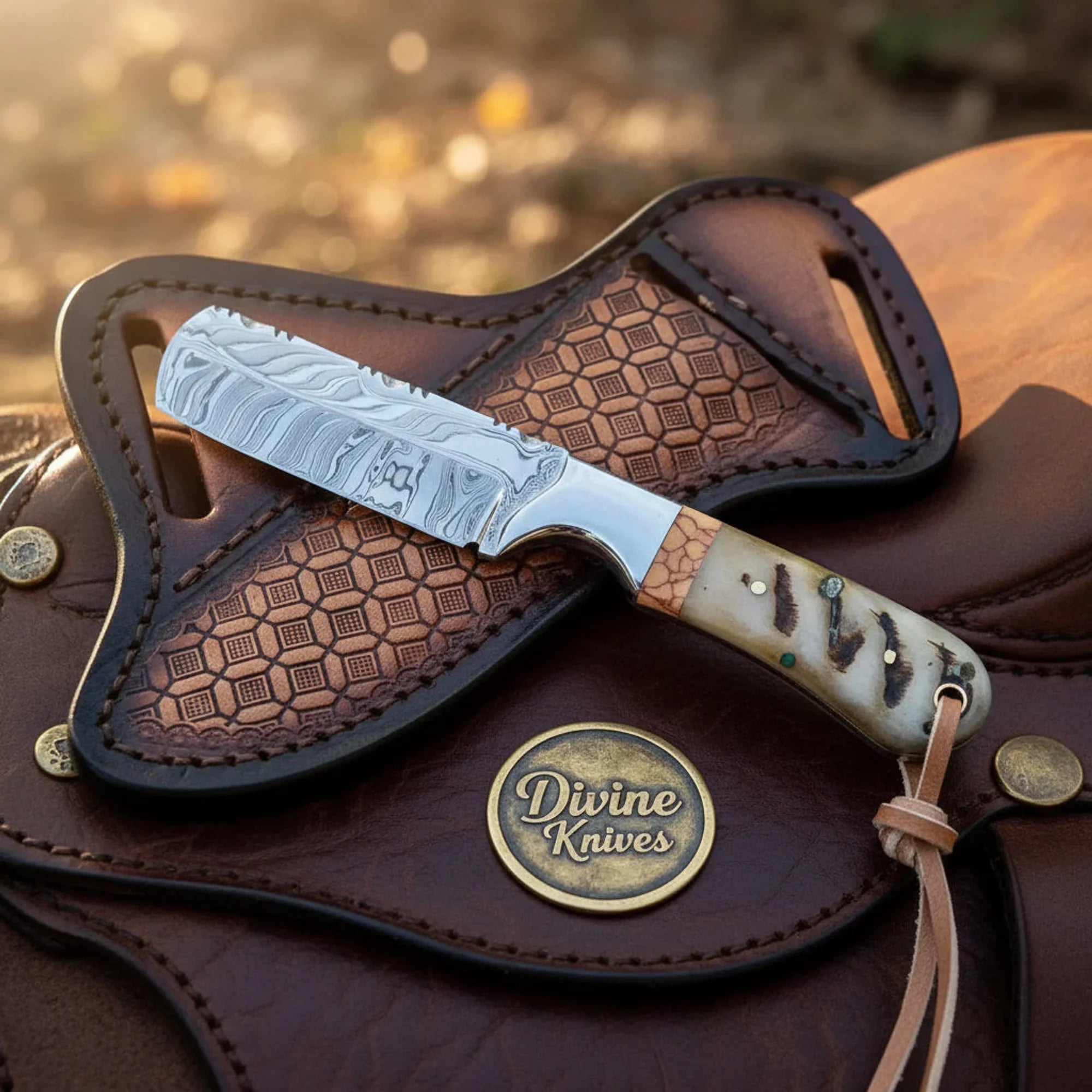 Ram Horn Cowboy Knife with Damascus Blade &amp; Turquoise Stone Spacer