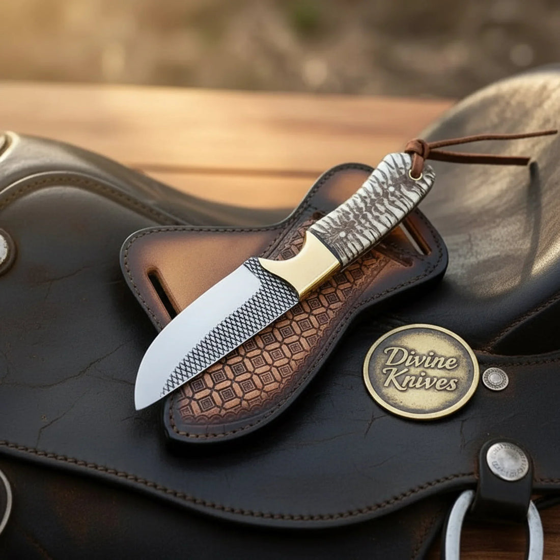 Rasp Steel Cowboy Knife with Pine Cone Resin Handle &amp; Brass Bolster