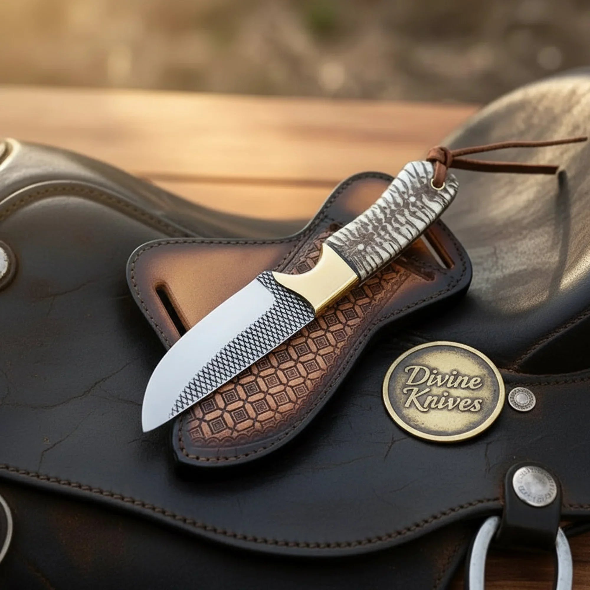Rasp Steel Cowboy Knife with Pine Cone Resin Handle &amp; Brass Bolster